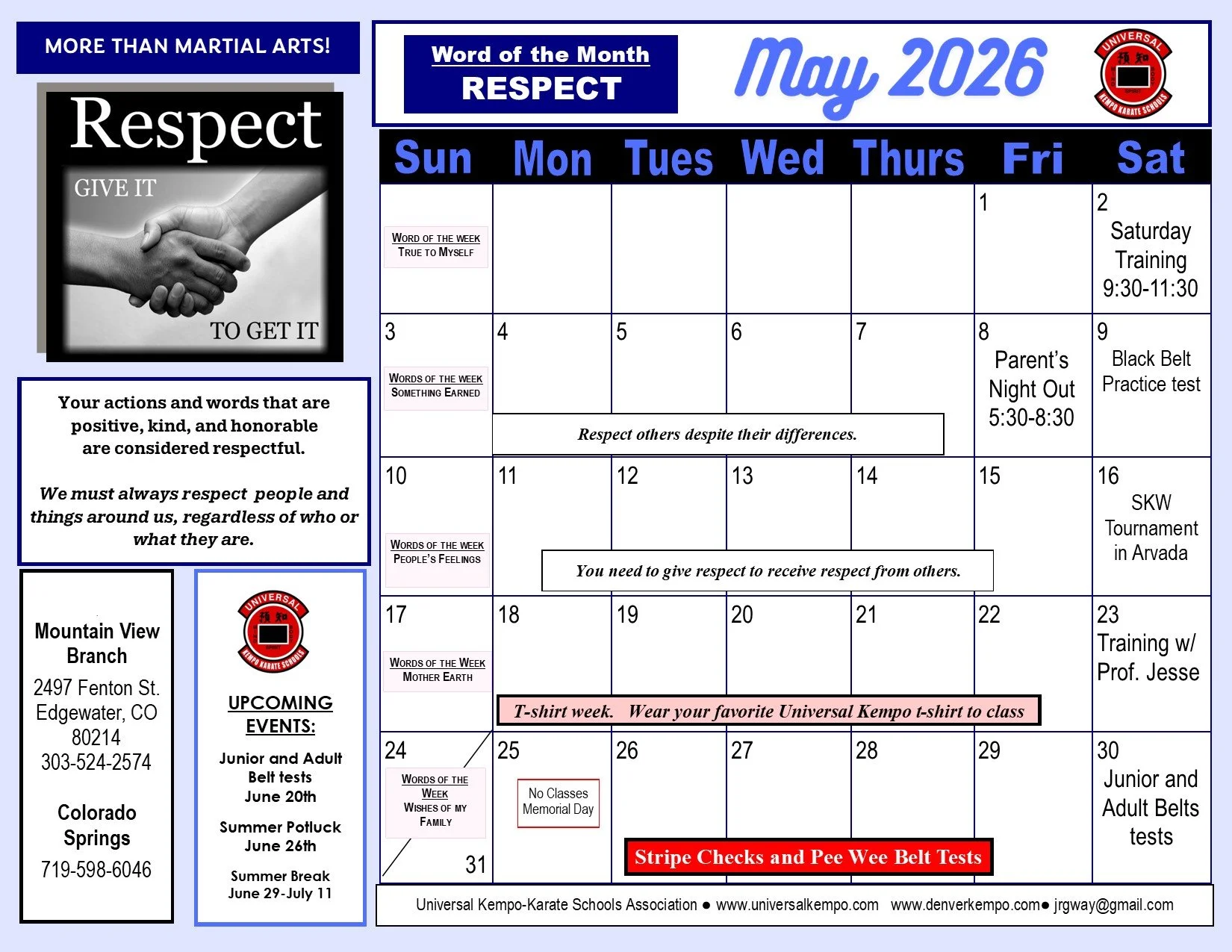 Monthly calendar for May 2026 with events and messages about respect, martial arts, and upcoming programs at Universal Kempo Karate School, featuring weekly words of the week, a message about respect, and courtesy of the school's locations and events.