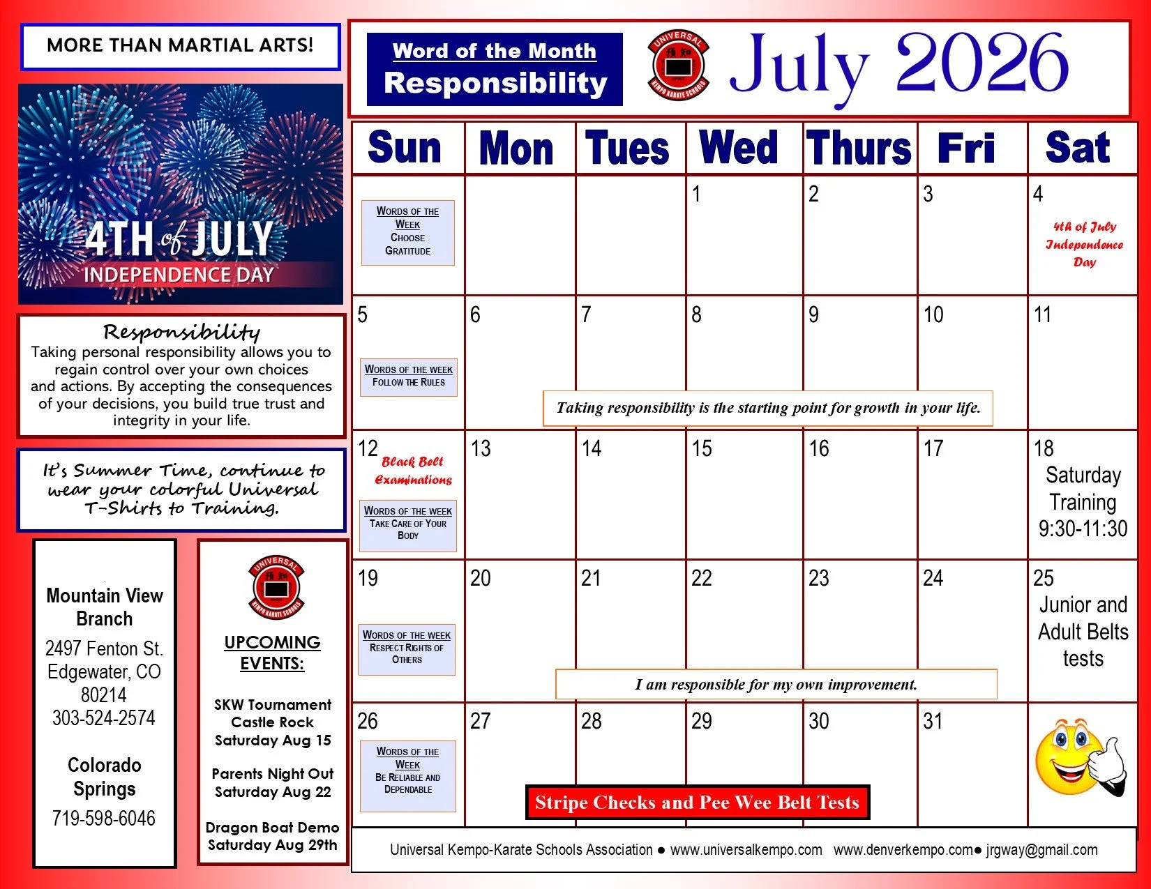 July 2026 Calendar; Word of the Month: Responsibility; July 18: Saturday Training;