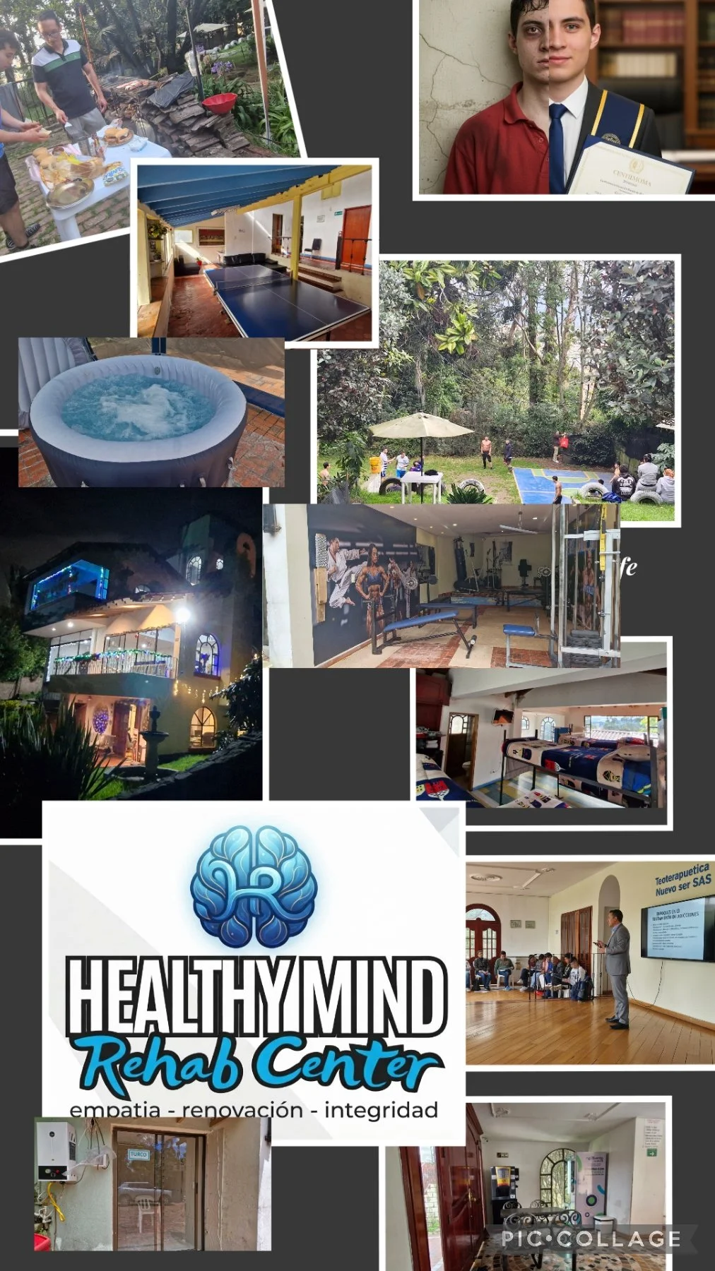 Imágenes del centro de rehabilitación Healthy Mind Rehab Center, que incluyen área de actividades al aire libre, piscina de hidromasaje, sala de terapia física, habitaciones, gimnasio, área social y una ceremonia o reunión introductoria.
