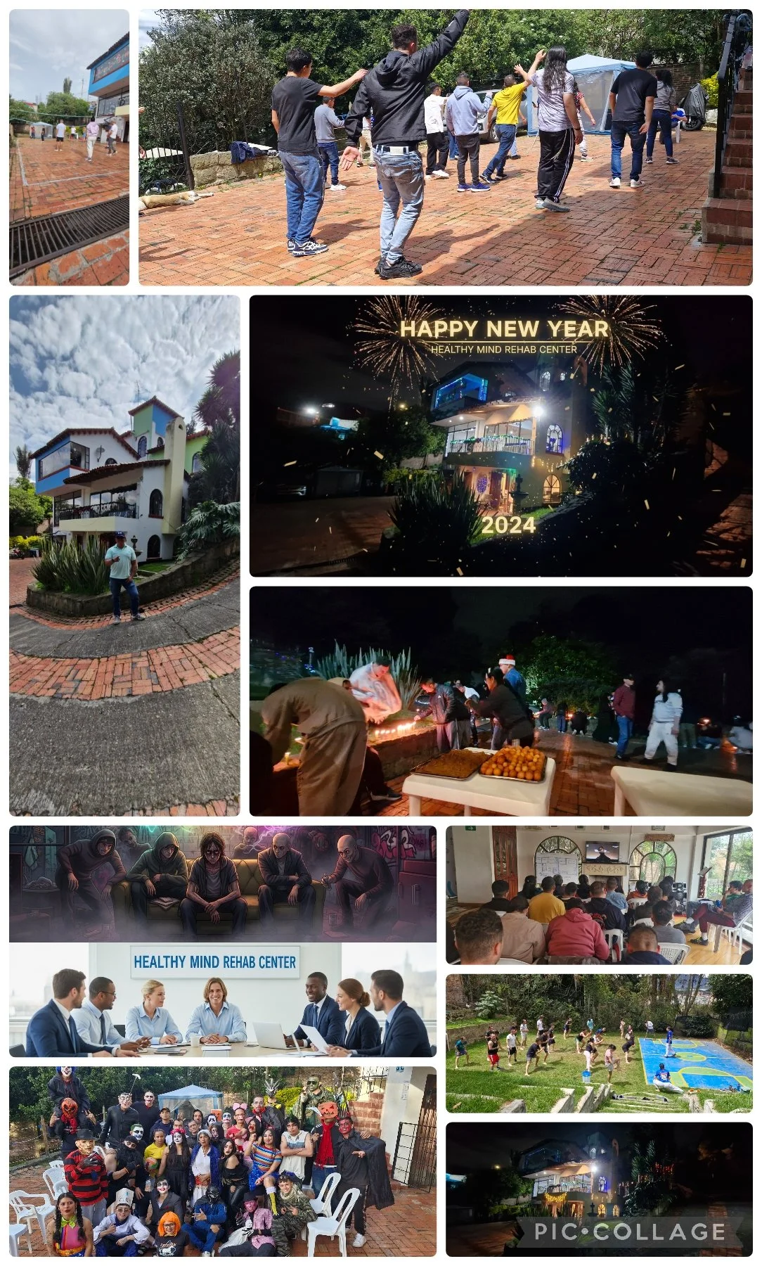 Reuniones sociales, celebraciones y actividades en exteriores e interiores, incluyendo una celebración de Año Nuevo, una reunión en un centro de rehabilitación mental, una sesión de terapia de grupo, una reunión de negocios, una finca con niños jugando, una fiesta de disfraces y una casa iluminada en la noche.