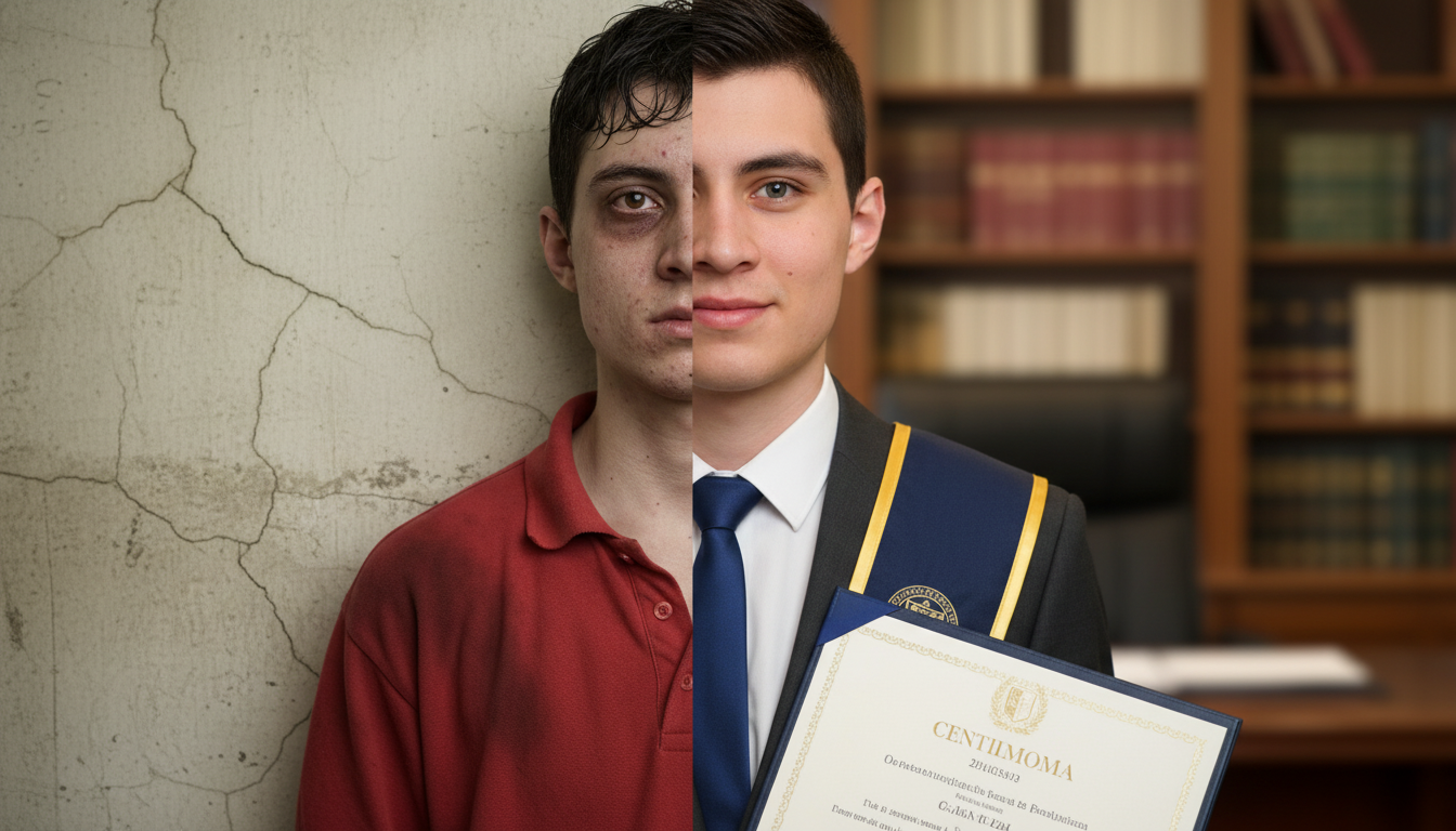 Imagen que muestra una comparación visual, en la mitad izquierda un joven con piel acneica y ropa casual, y en la mitad derecha, el mismo joven vestido con toga académica, sosteniendo un diploma en un ambiente de biblioteca o oficina.