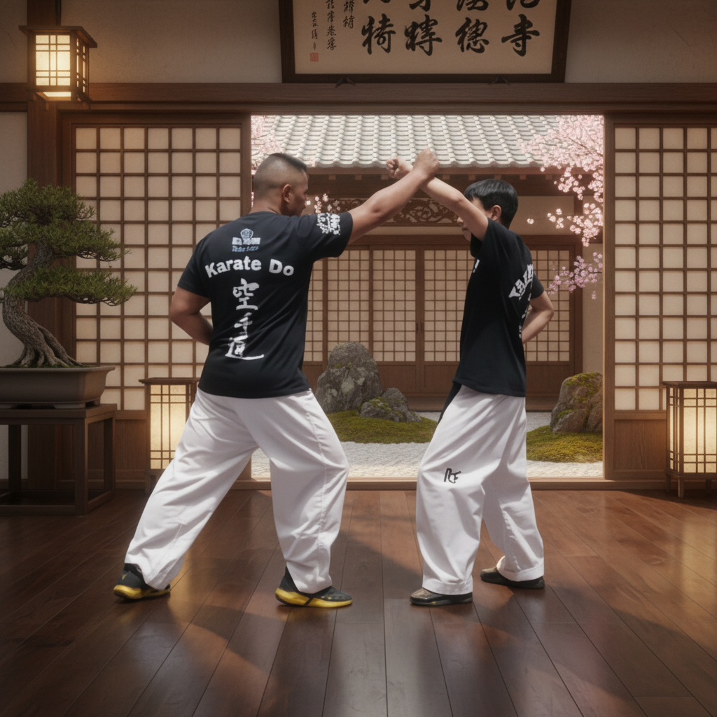 Dos personas practicando karate en un espacio interior con decoración japonesa y jardines exteriores visibles.