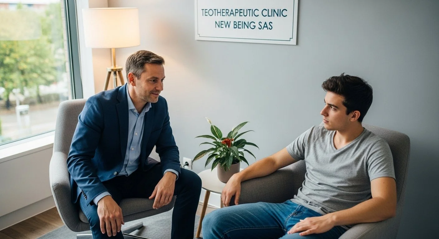 Un psicólogo o consejero hablando con un joven en una clínica de terapia, con un cartel que dice 'Clínica de Terapia Nueva Being SAS' en la pared.