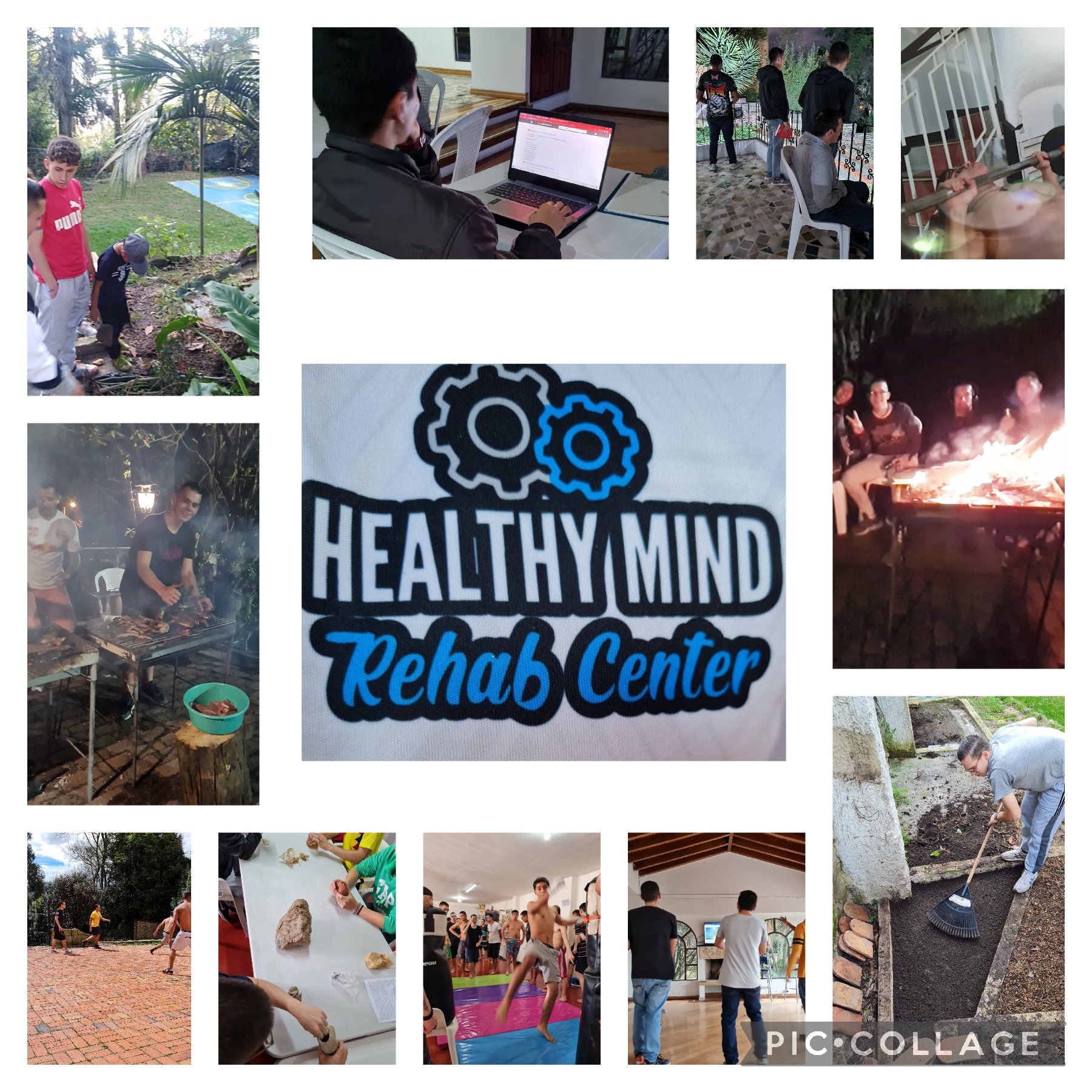 Imágenes de actividades en un centro de rehabilitación y recreación: personas haciendo jardinería, cocinando, jugando fútbol, y participando en actividades al aire libre y en interiores, con un cartel que dice 'Healthy Mind Rehab Center'.