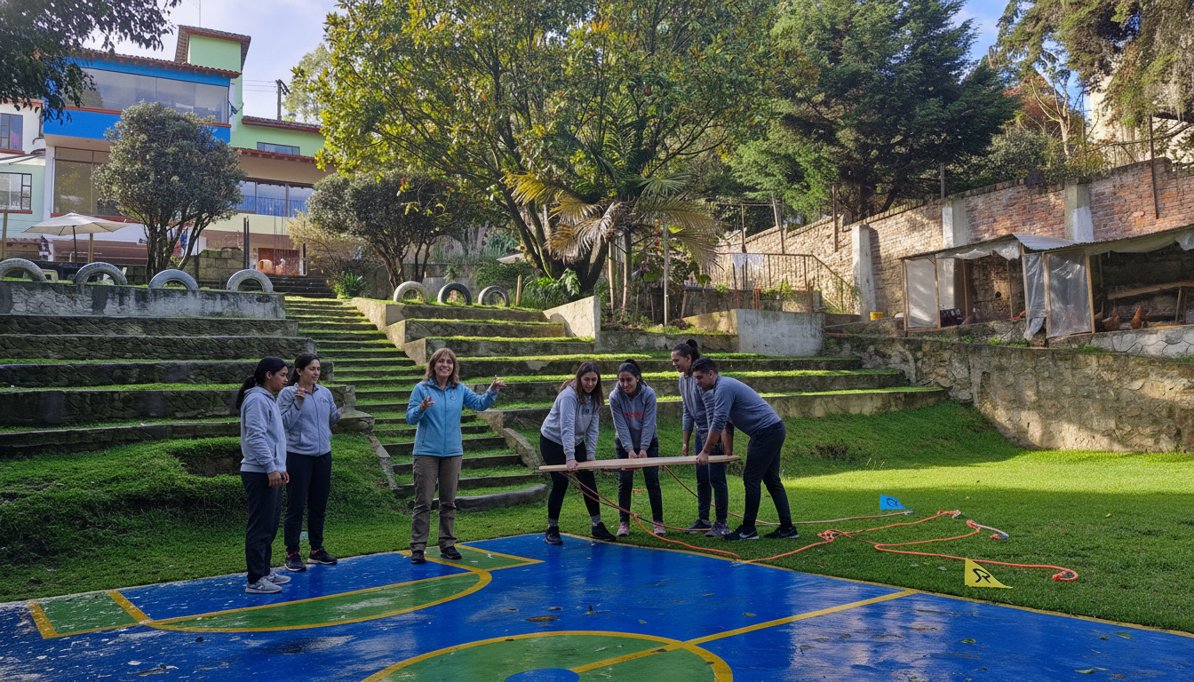 Un grupo de personas participando en una actividad en un campo y las escaleras de piedra en un área verde con árboles y edificios al fondo.