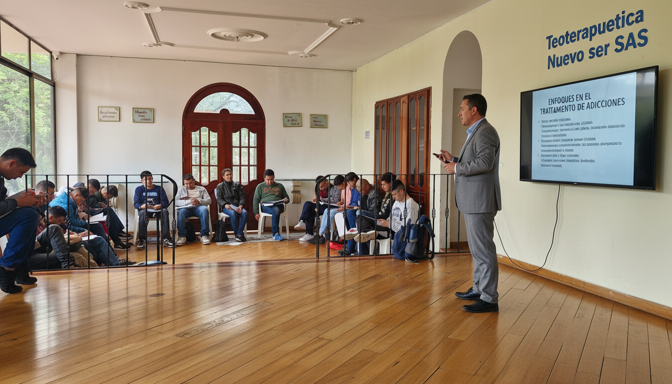 Clase o charla sobre tratamiento de adicciones en un salón con personas sentadas y un instructor en un lado frente a una pantalla digital.