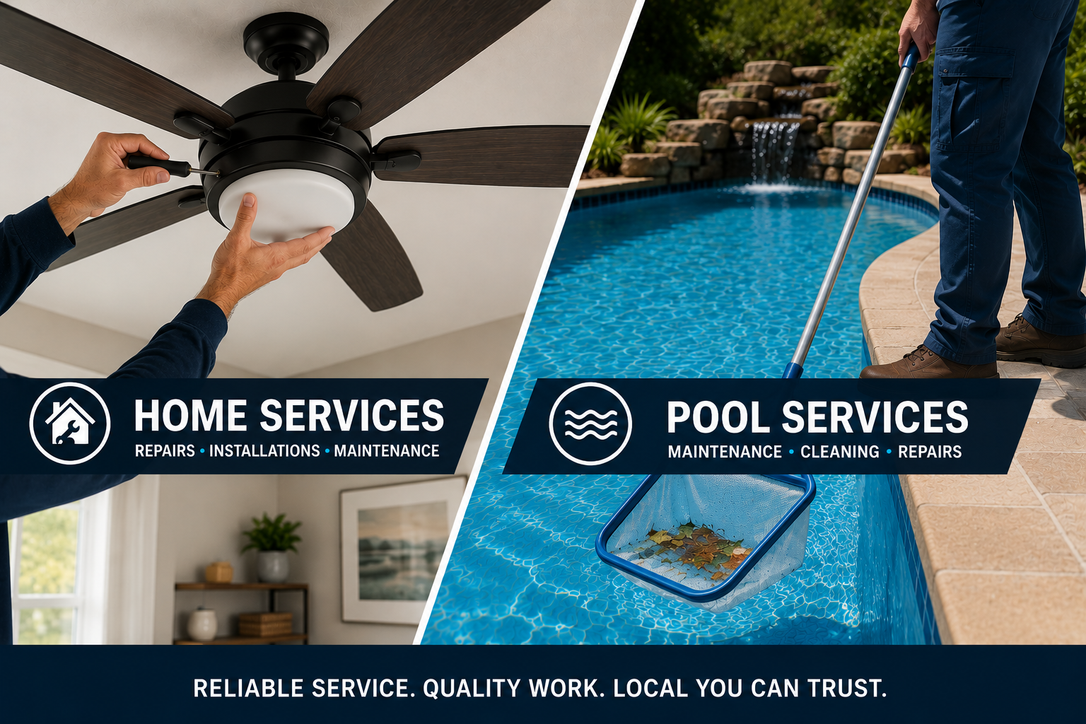 Split image showing home services with a person installing a ceiling fan on the left, and pool services with a person skimming a swimming pool on the right. Text overlays include 'Home Services: Repairs, Installations, Maintenance' and 'Pool Services: Maintenance, Cleaning, Repairs.'