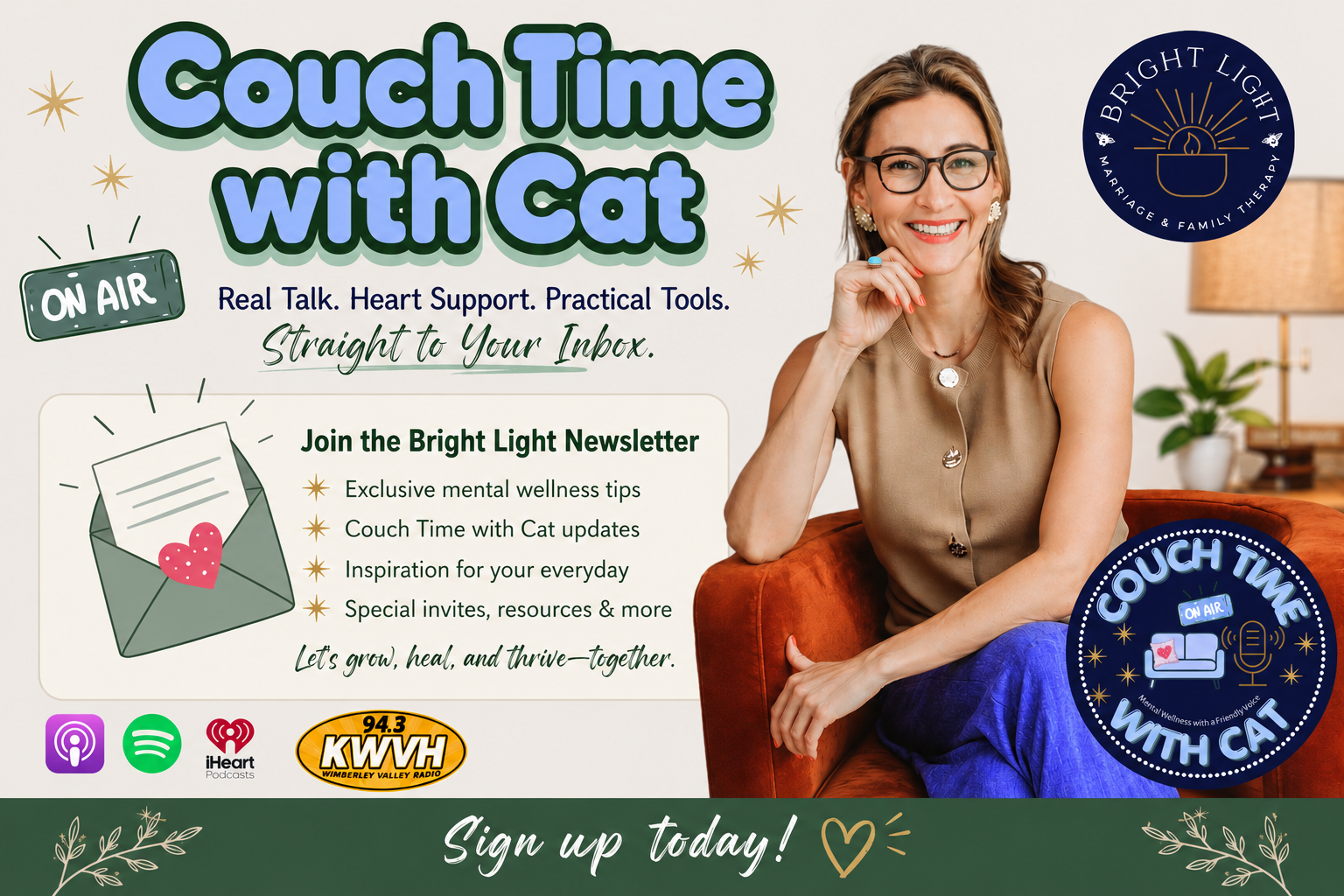 Promotional graphic for a podcast called "Couch Time with Cat" featuring a smiling woman with glasses sitting on a burnt orange couch in a cozy room, with green houseplants and a lamp in the background. The graphic includes podcast details, a logo with a couch and microphone, and information about subscribing to a newsletter with mental wellness tips.