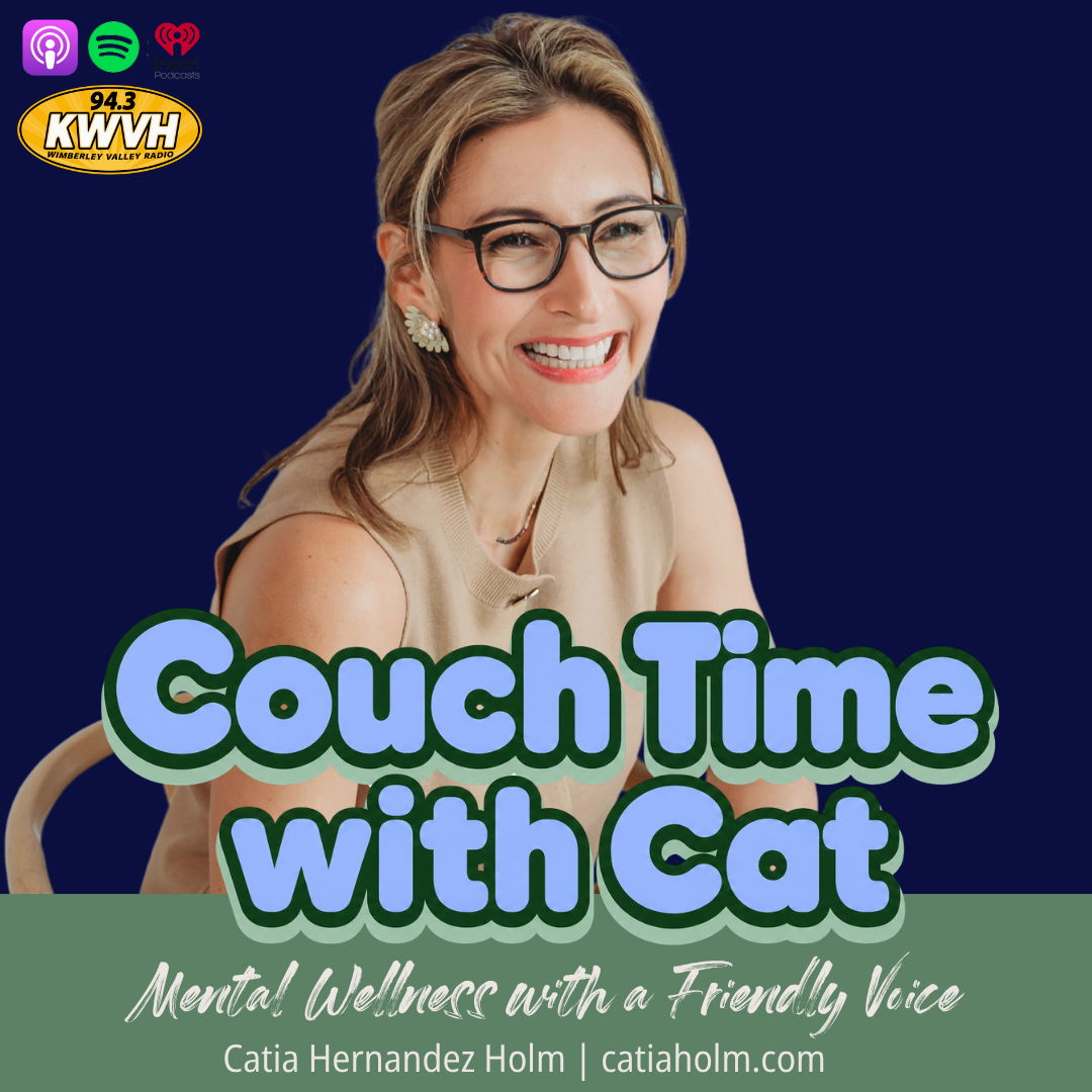 A smiling woman with glasses and earrings sitting against a dark blue background, promoting a podcast titled 'Couch Time with Cat' about mental wellness.