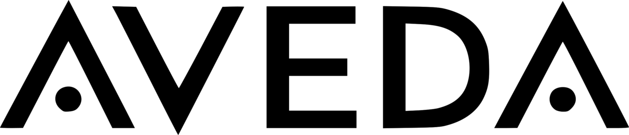 The image displays the text 'AVEDA' in large, outlined letters on a black background.