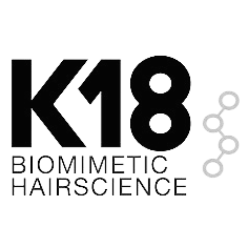 Logo for K18 Biomimetic Hairscience with stylized text and graphic elements.