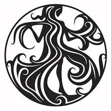 An intricate circular black and white tribal tattoo design featuring a stylized bird or phoenix with flowing lines and decorative patterns.