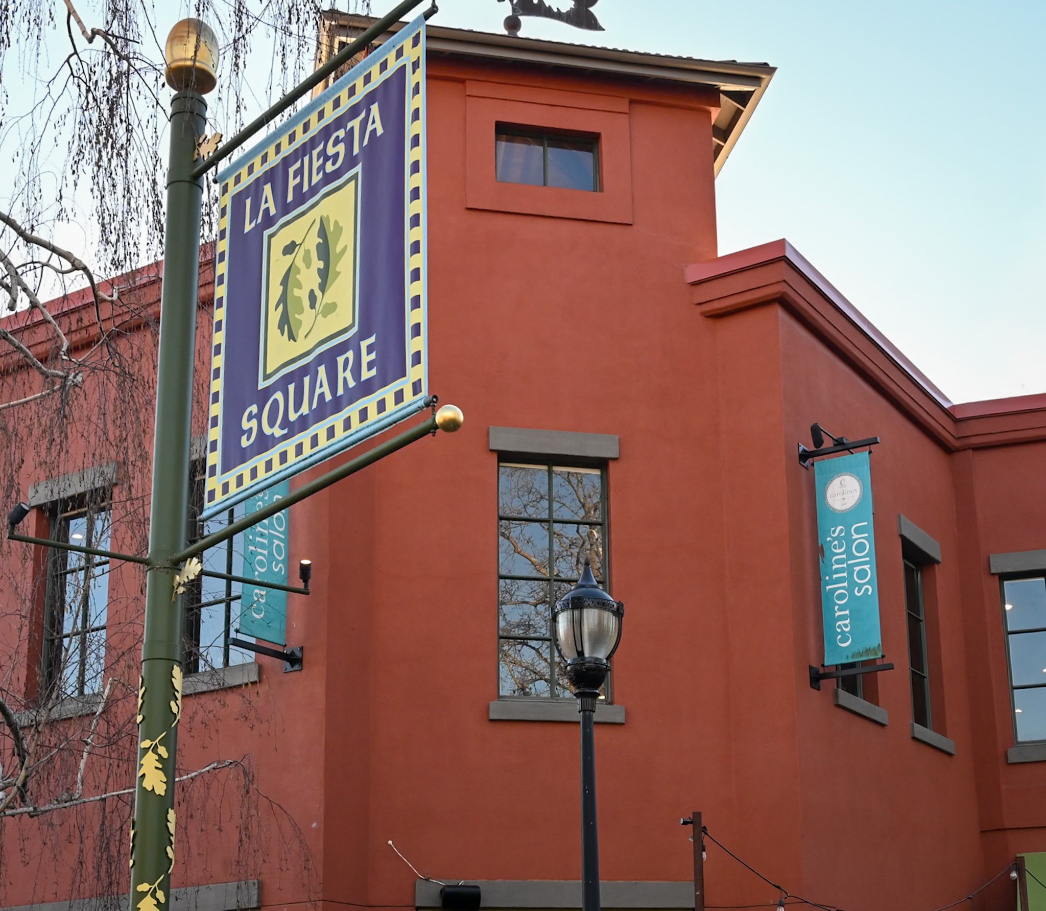 Street view of a red building with a window, featuring banners with the text 'Carrollton Square' and 'Carrollton Sanitation'. A black street lamp and a flagpole with a banner are also visible against a pale sky.