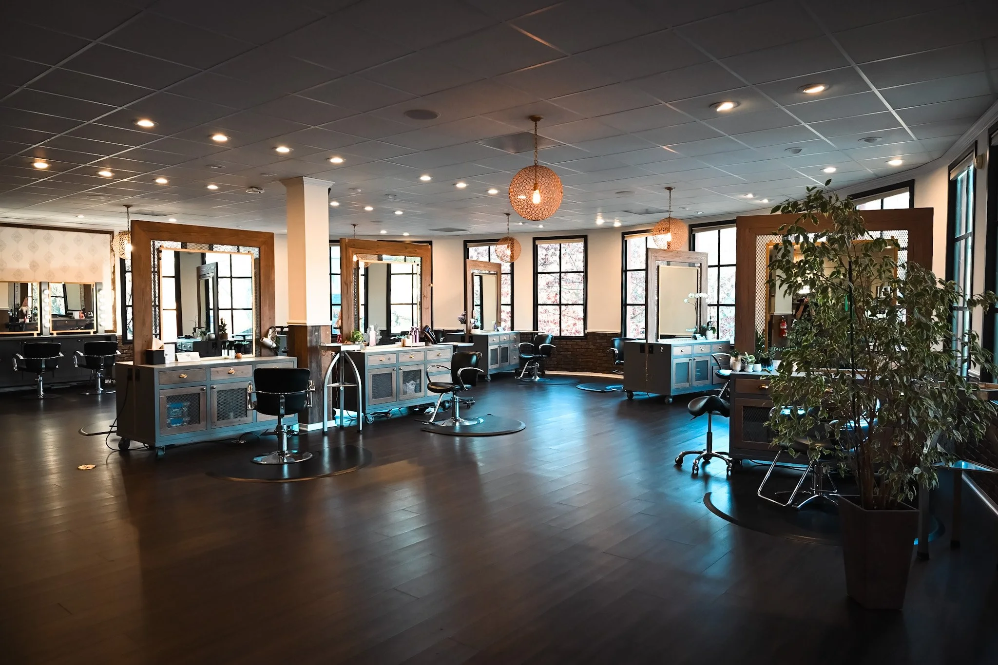Empty hair salon with multiple styling stations, mirrors, and chairs. Large windows with natural light, potted plants, and ceiling lights.