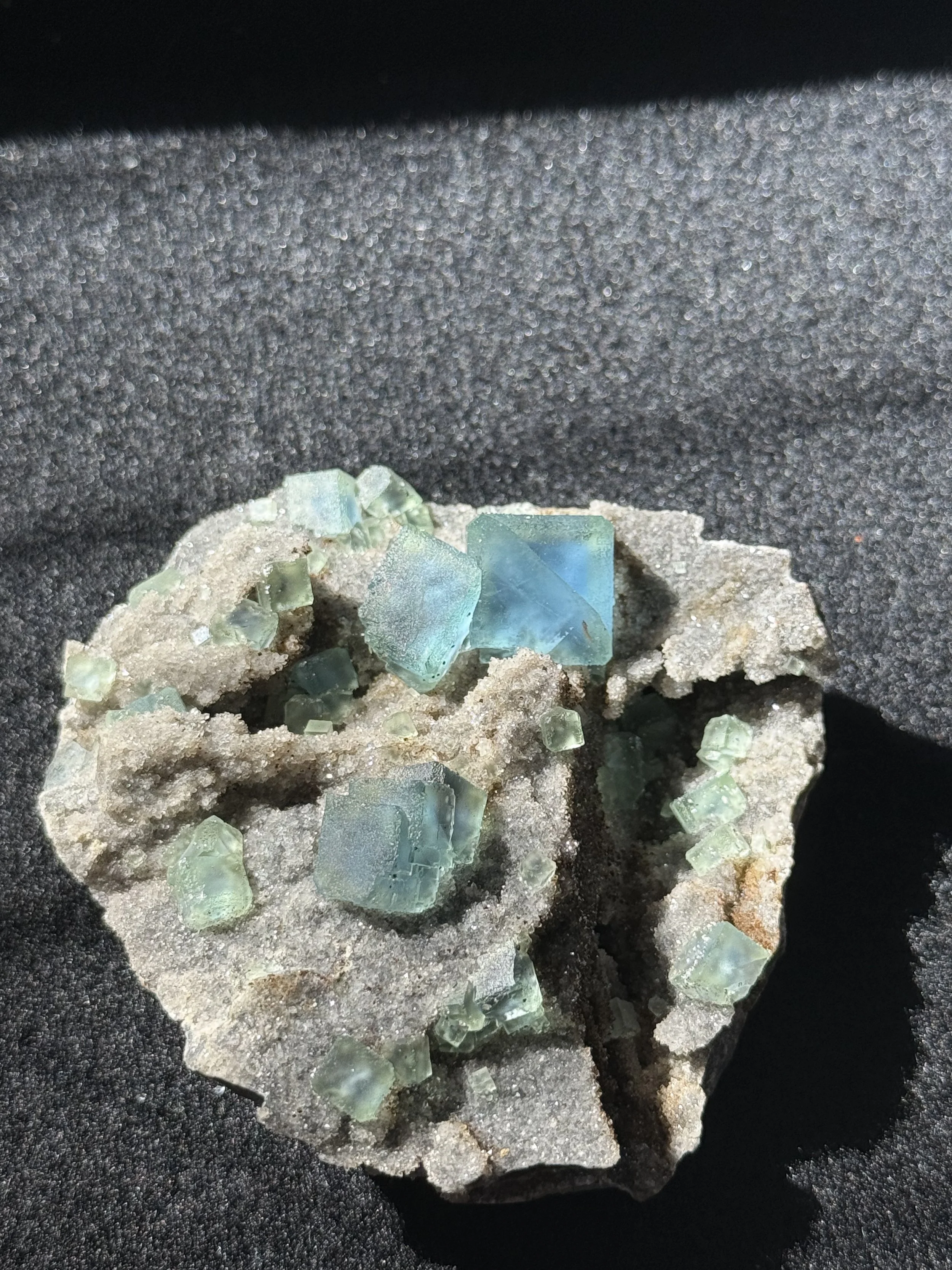 Green Fluorite with Blue Phantoms on Druzy Matrix