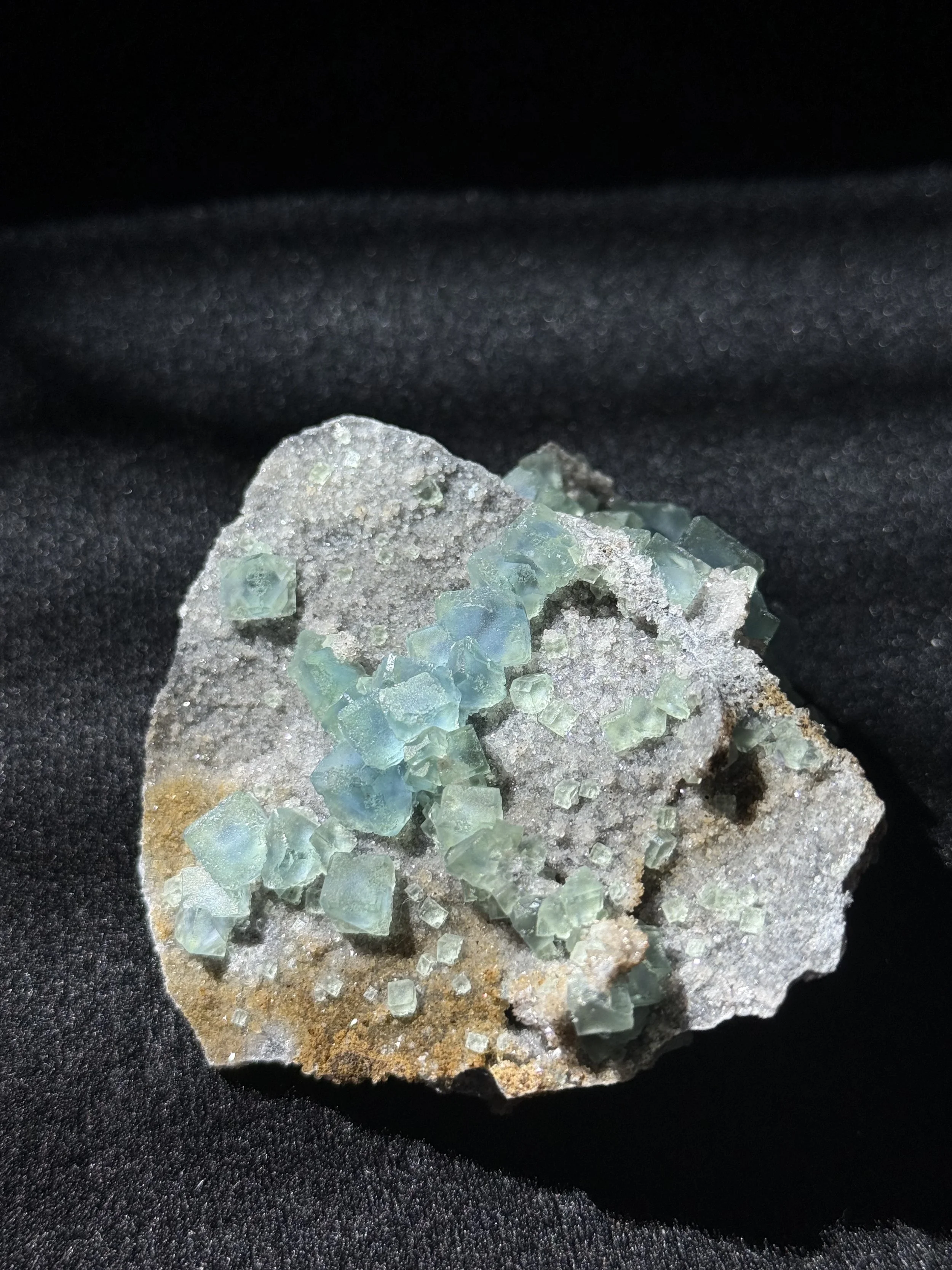 Green Cubic Fluorite With Blue phantoms, on druzy matrix