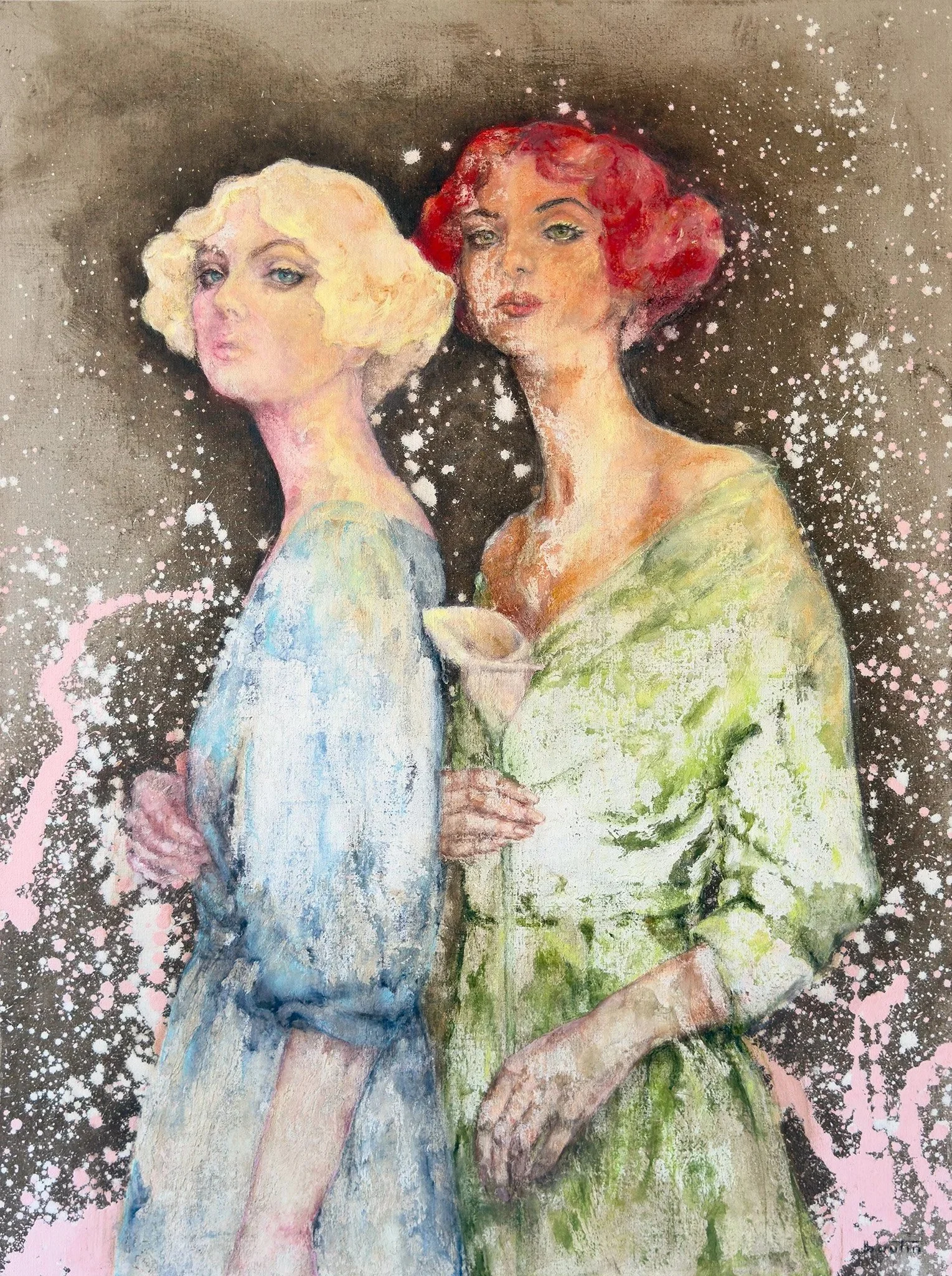 L’éclosion | Blooming — Œuvre figurative contemporaine de Nathalie Nicole BOUTIN, réalisée en technique mixte sur toile de lin. Collection Jardins intérieurs | Inner Landscapes. Exploration de l’émergence, de la transformation et de la présence.