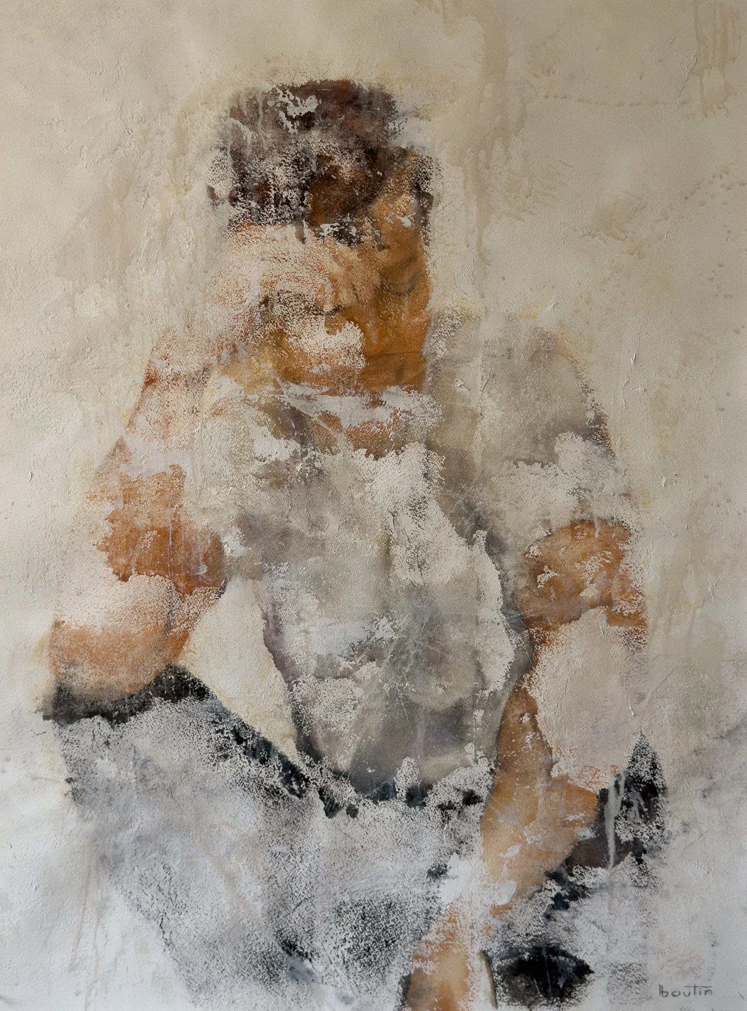 Laisser être / Letting Be by Nathalie Nicole BOUTIN (boutin), contemporary figurative artwork on Arches paper. Seated male figure with closed eyes exploring acceptance, stillness, and the quiet strength of presence.