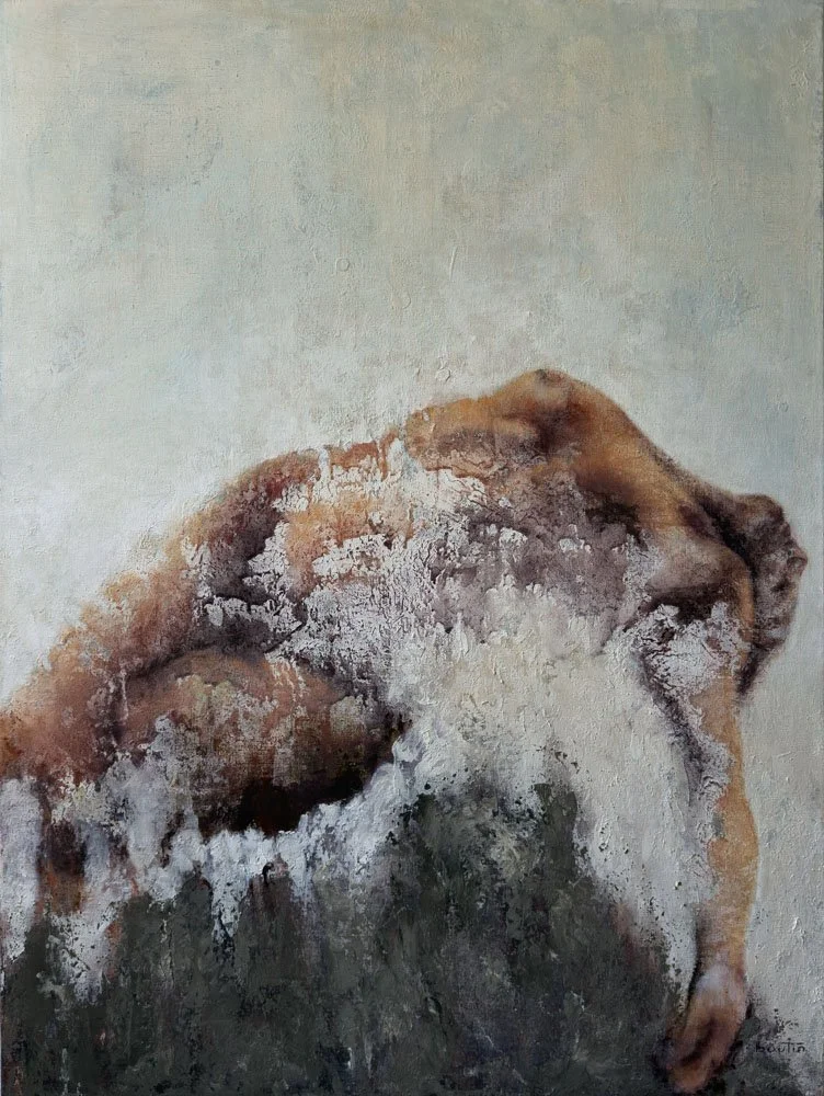 The Threshold — contemporary figurative mixed-media artwork on linen by Montreal artist Nathalie Nicole BOUTIN.