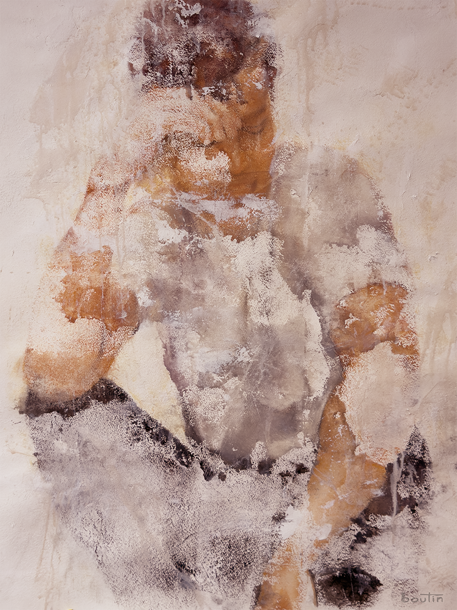 Laisser être / Letting Be by Nathalie Nicole BOUTIN (boutin), contemporary figurative artwork on Arches paper. Seated male figure with closed eyes exploring acceptance, stillness, and the quiet strength of presence.