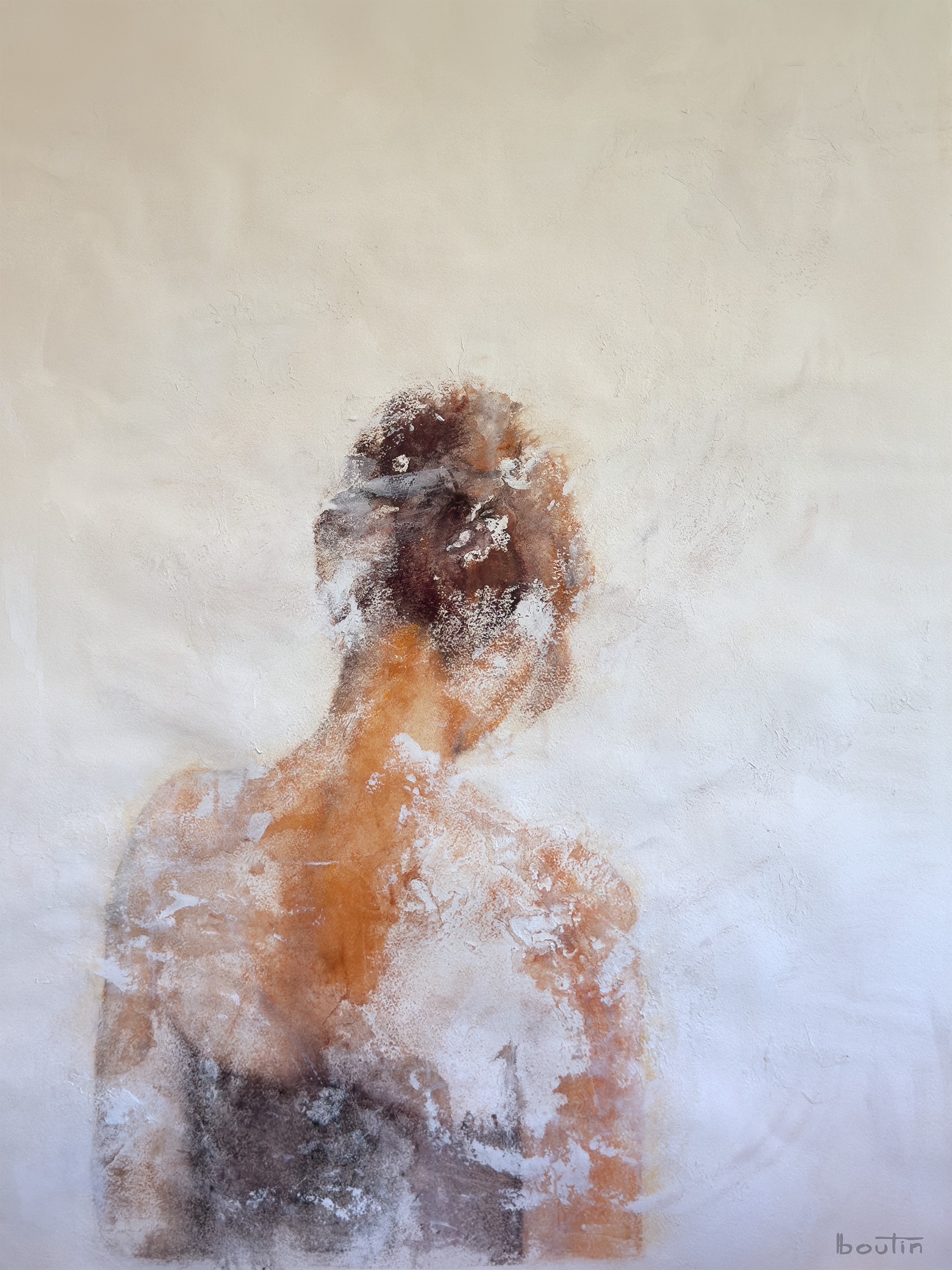 Détail de Se retirer par boutin, art figuratif contemporain sur papier Arches explorant la présence, le silence et l’émotion.