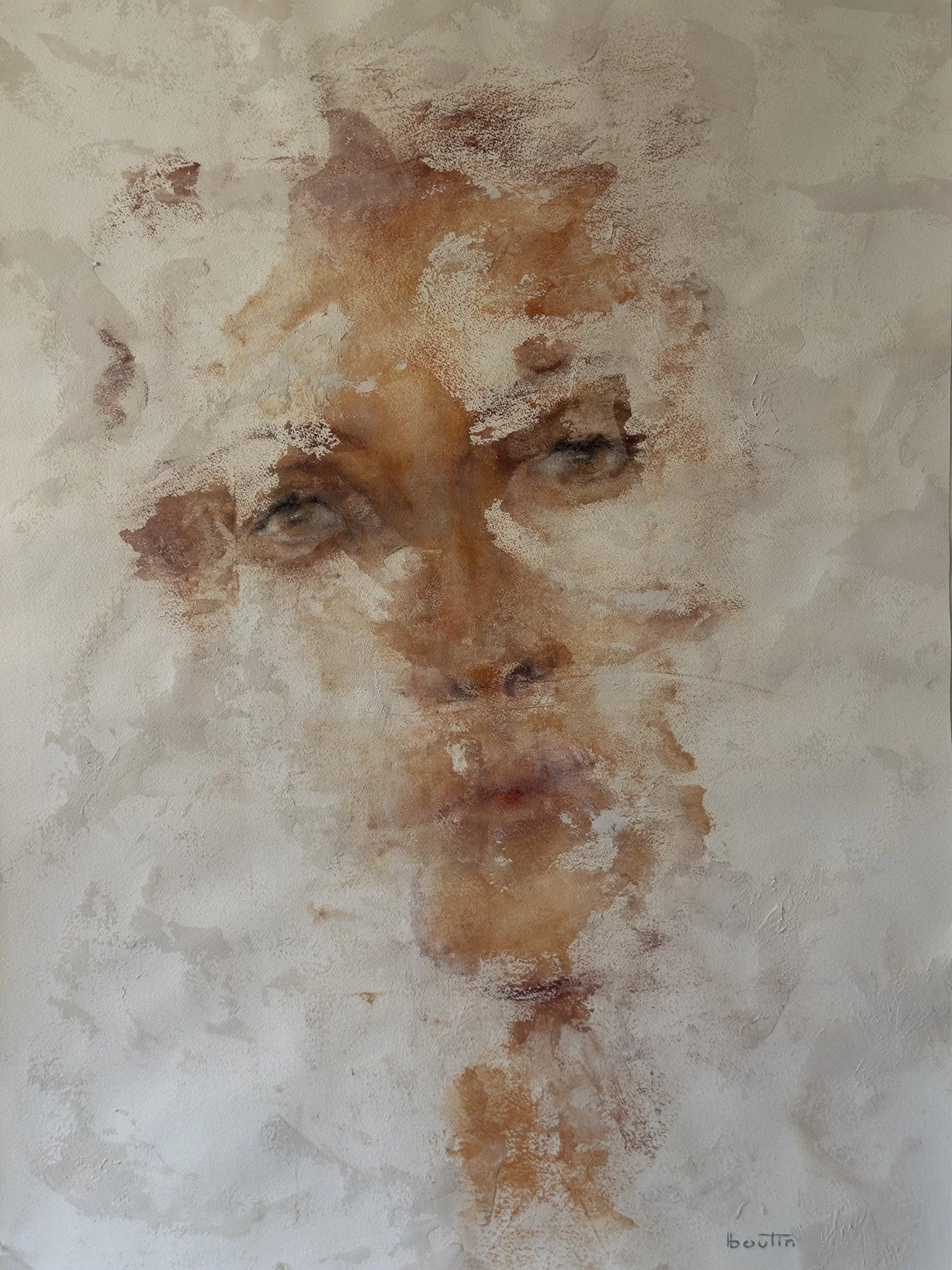 S’effacer / Fading Away by Nathalie Nicole BOUTIN (boutin), contemporary portrait artwork on Arches paper. Peaceful female face fading into the material, exploring transformation, identity, and presence beyond appearance.