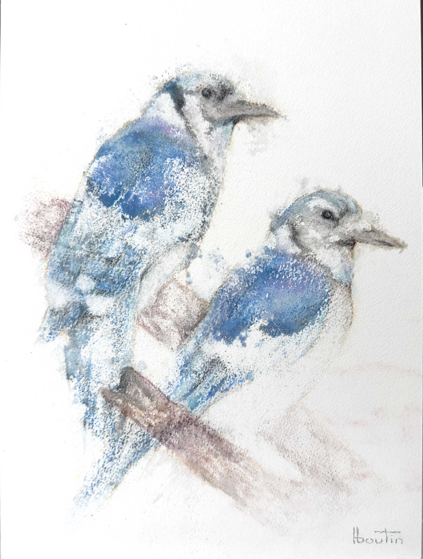 L’accord / Harmony by Nathalie Nicole BOUTIN (boutin), contemporary figurative artwork on Arches paper. Two birds facing the same direction, exploring silent connection, balance, and harmony between beings.