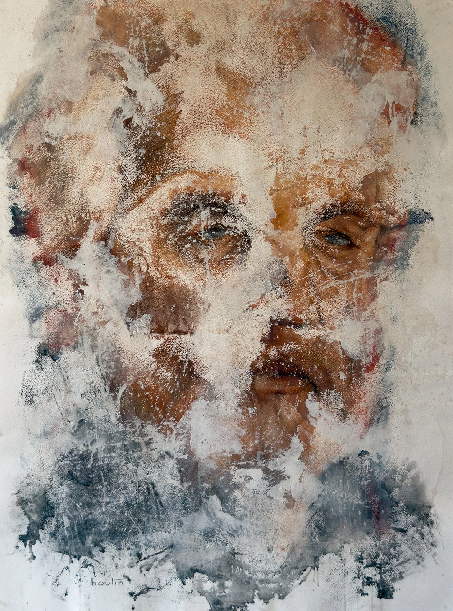 La trace / The Trace by Nathalie Nicole BOUTIN (boutin), contemporary portrait artwork on Arches paper. Close-up of an older man exploring memory, time, and the traces of a lived experience.