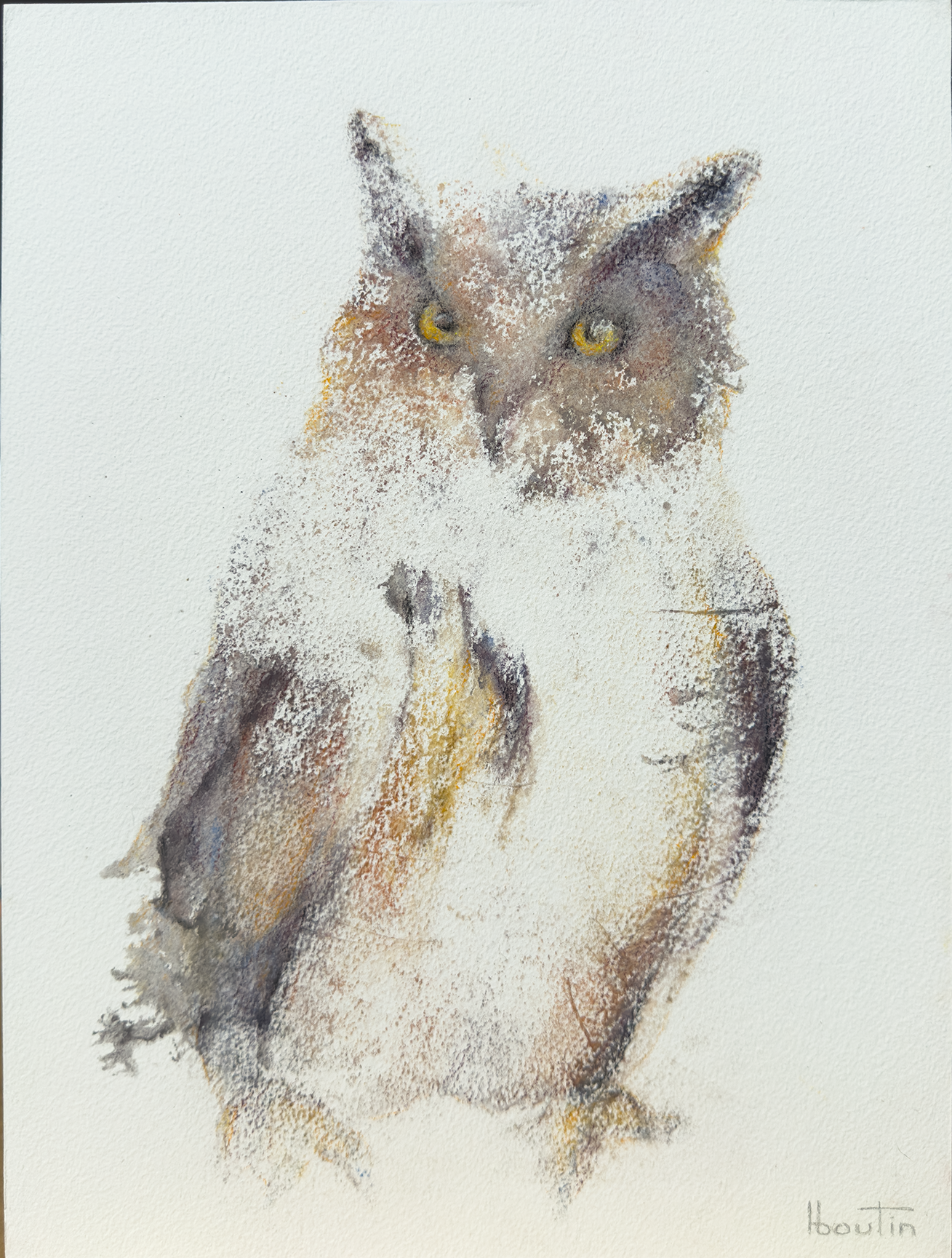 L’attente / The Waiting by Nathalie Nicole BOUTIN (boutin), contemporary figurative artwork on Arches paper. Bird presence exploring stillness, patience, and the silent beauty of moments before something arrives.