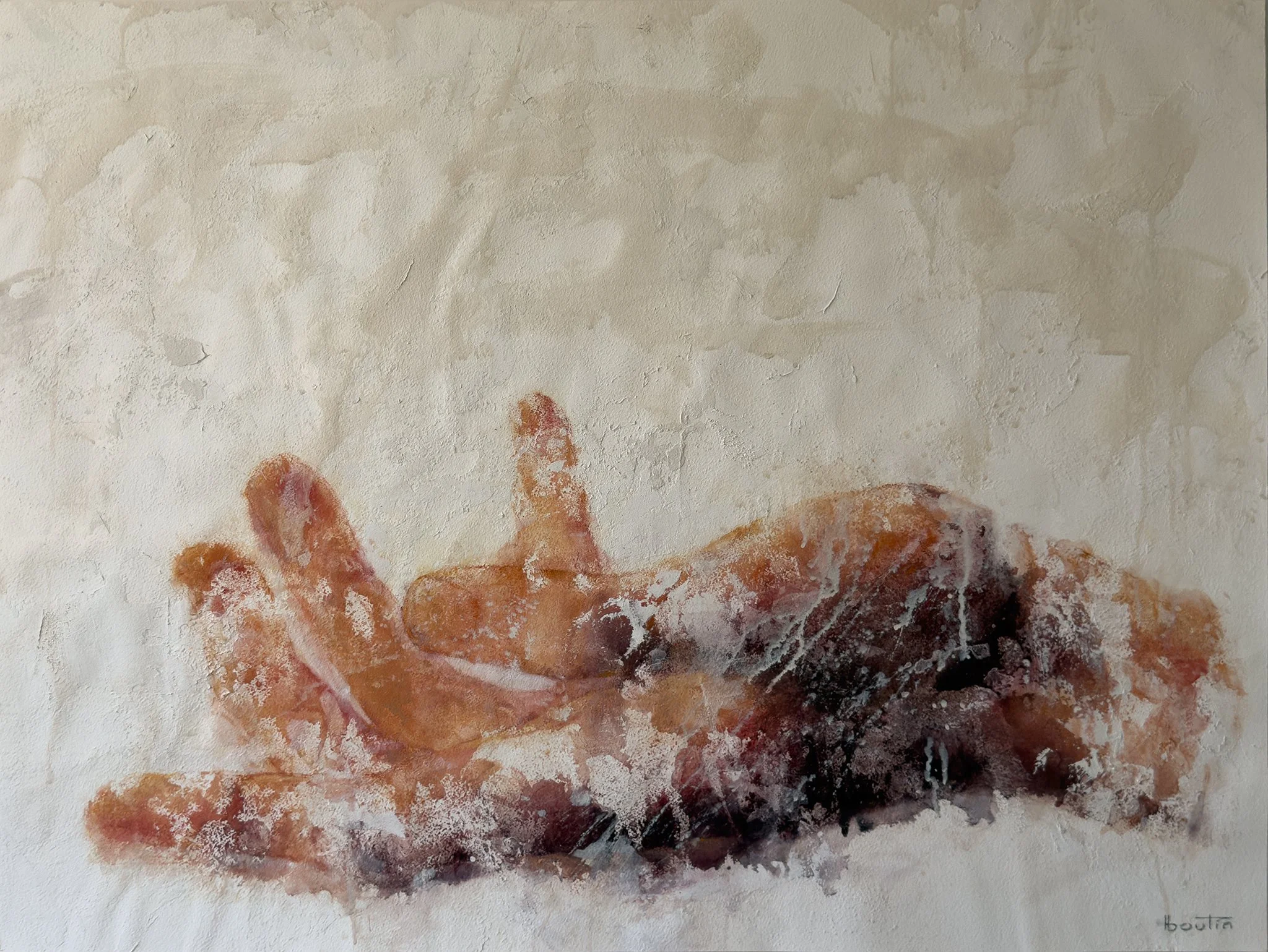 e qui reste / What Remains by Nathalie Nicole BOUTIN (boutin), contemporary figurative artwork on Arches paper. Open hand turned upward with reflected light, exploring memory, openness, and what remains beyond the visible.