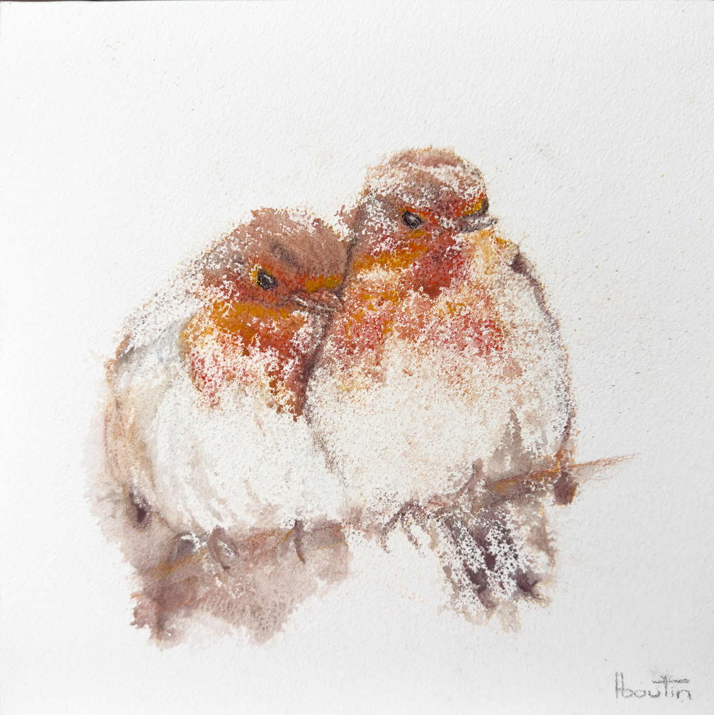 Le refuge / The Refuge by Nathalie Nicole BOUTIN (boutin), contemporary figurative artwork on Arches paper. Bird presence exploring protection, trust, and the quiet comfort found in a place of safety.