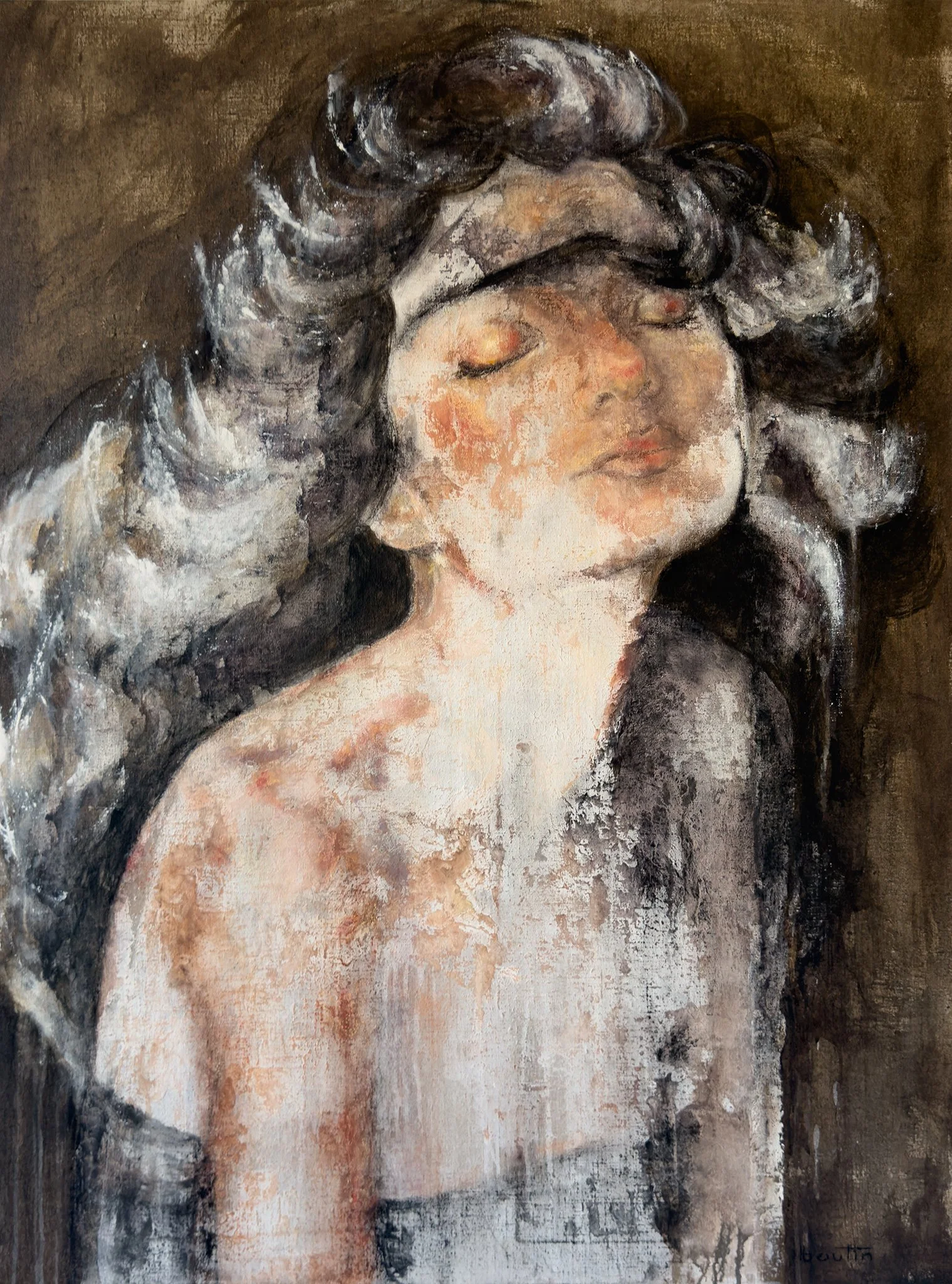 La mue | Shedding— Œuvre figurative contemporaine de Nathalie Nicole BOUTIN, réalisée en technique mixte sur toile de lin. Collection Jardins intérieurs | Inner Landscapes.
