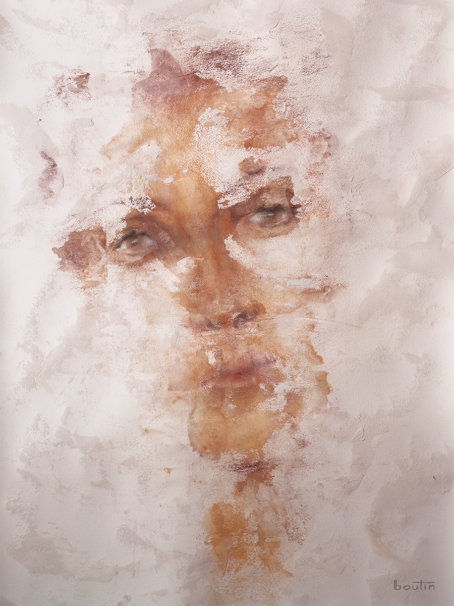 S’effacer | Fading Away – contemporary figurative portrait dissolving into texture, original soft pastel and water artwork on Arches paper by Canadian artist Nathalie Nicole BOUTIN from the Presences Collection.