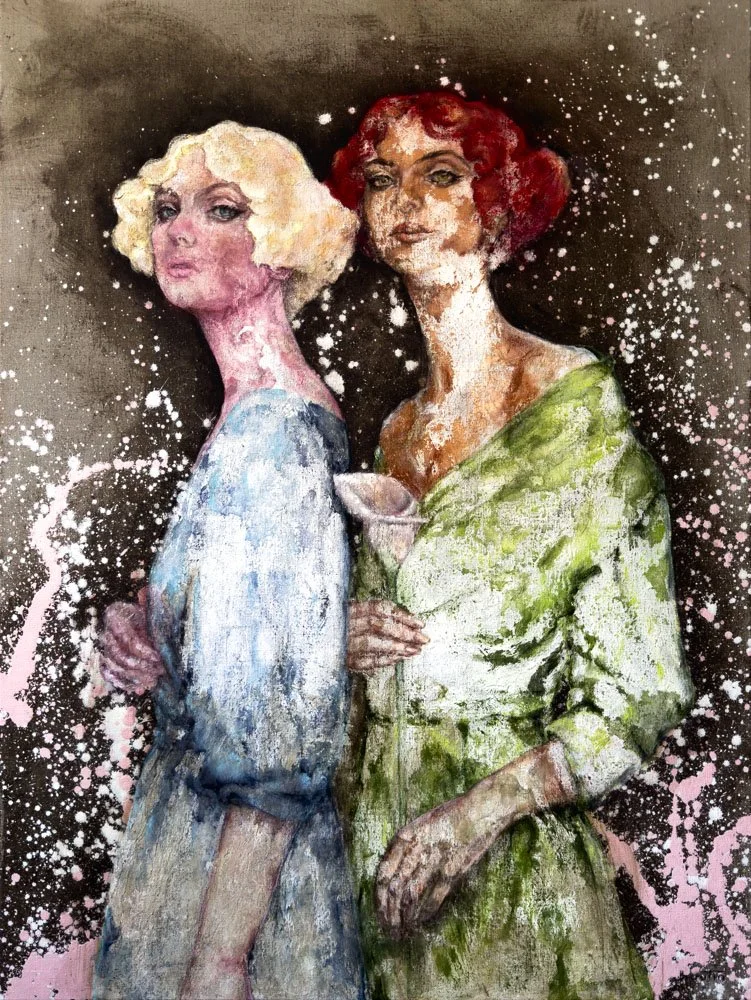 Blooming — contemporary figurative mixed-media artwork on linen by Montreal artist Nathalie Nicole BOUTIN.