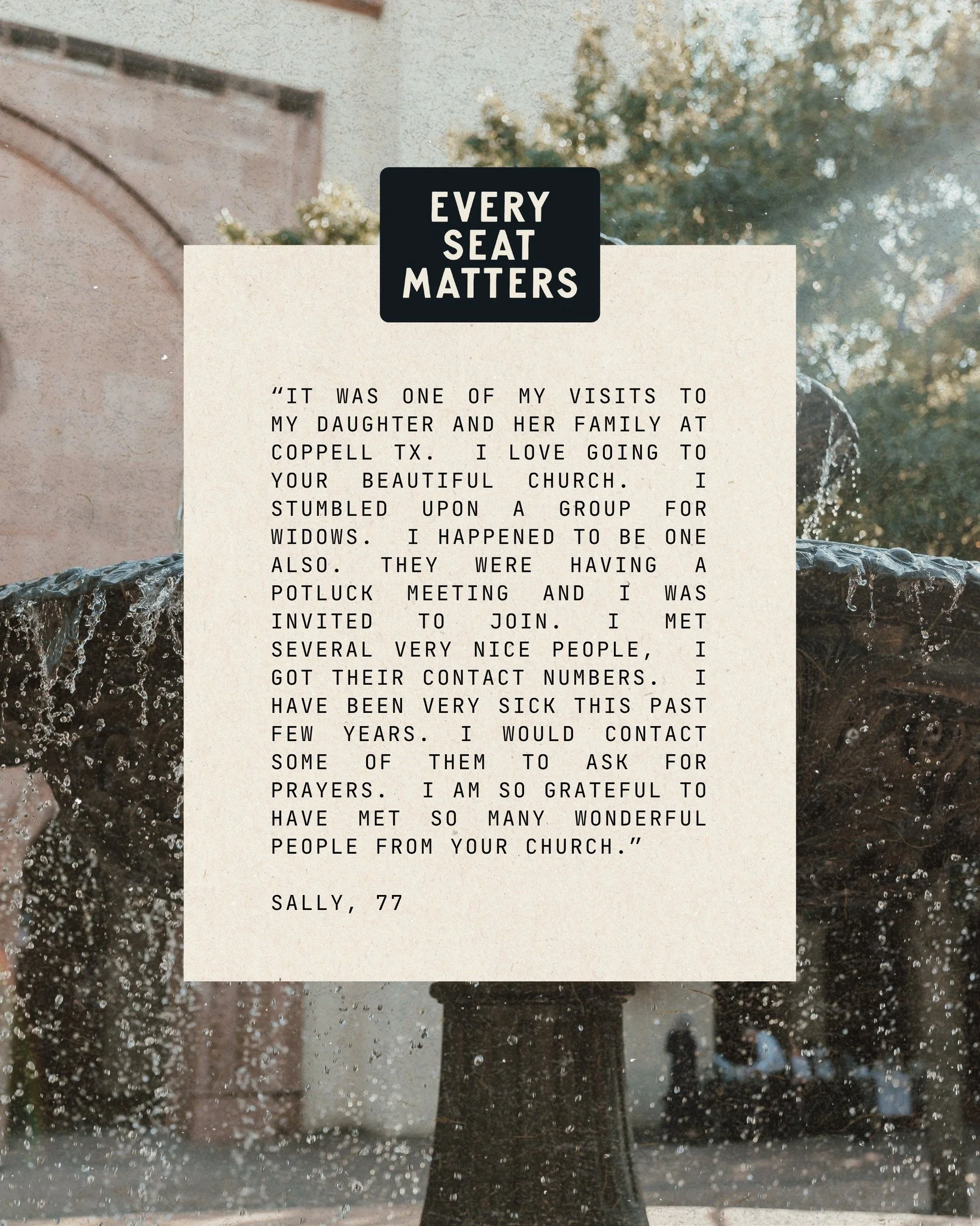 EVERY SEAT MATTERS // We don&rsquo;t often get to hear the stories of those visiting St. Ann, but Sally&rsquo;s testimony is a beautiful reminder of the impact this community can have on someone&rsquo;s life. Whether you&rsquo;re visiting for the fir