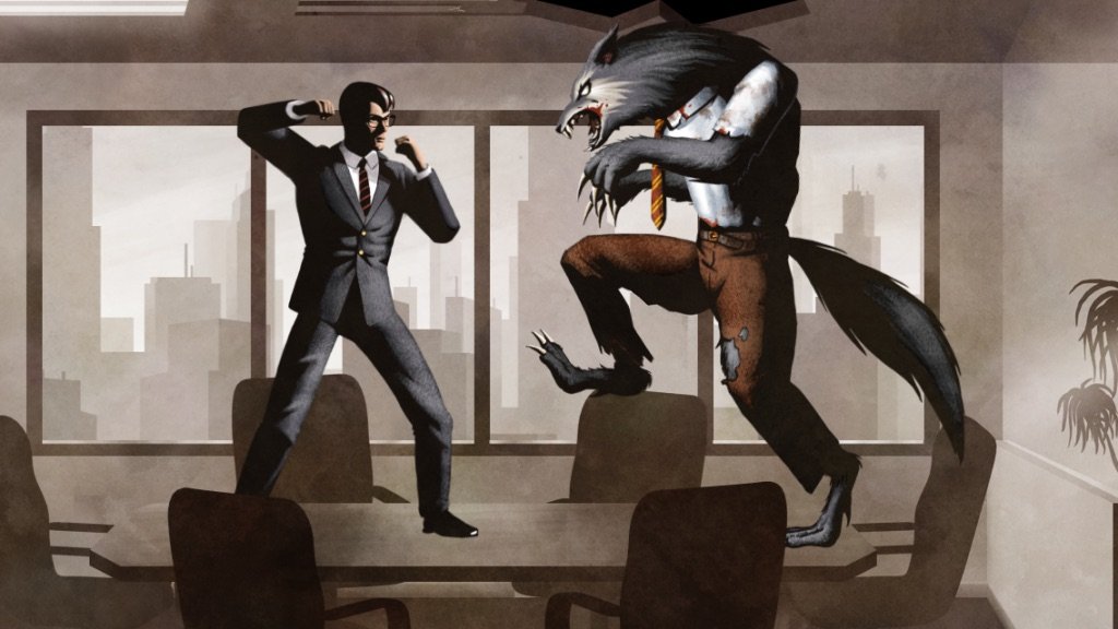 The Executive game artwork showing a suited character facing a monster