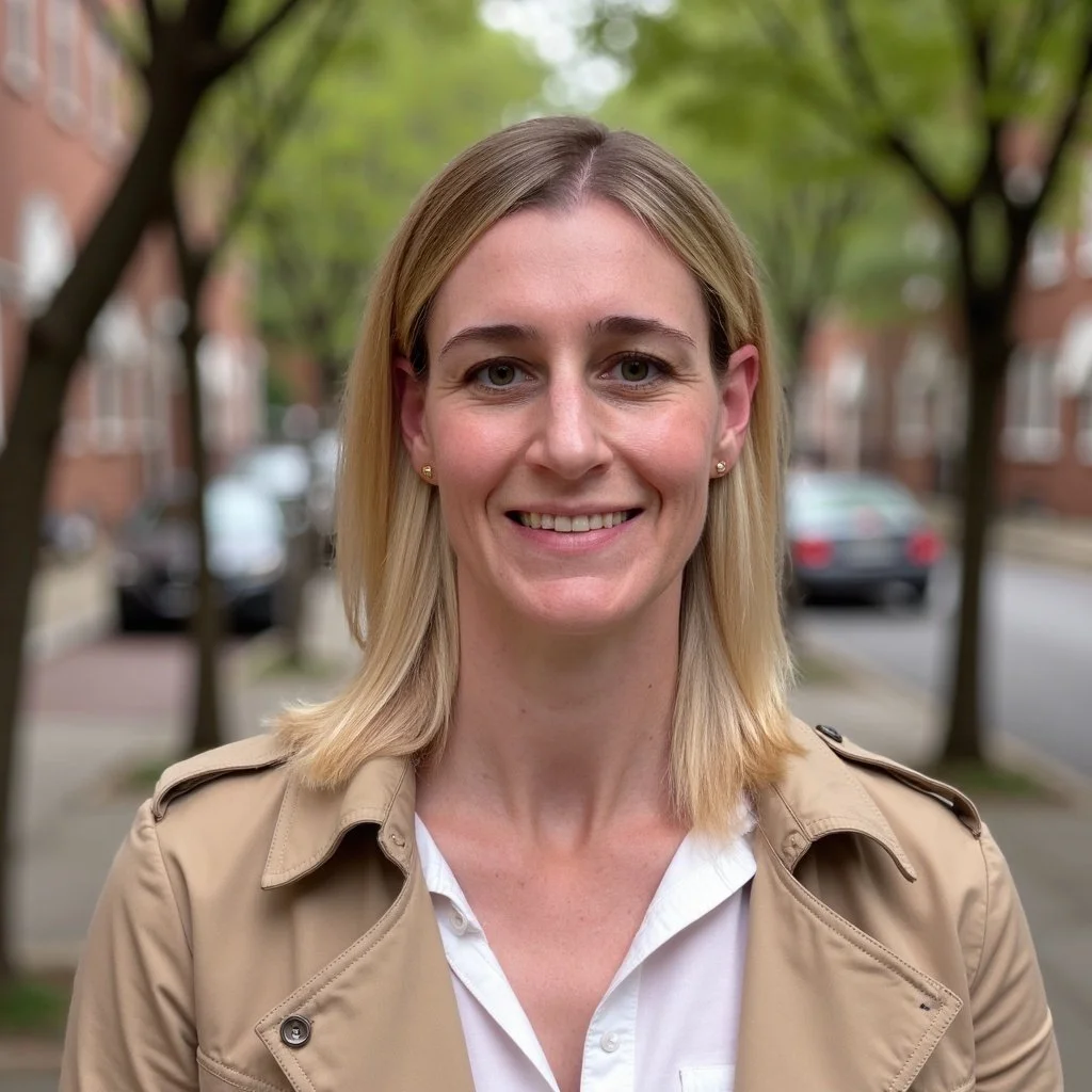 A smiling woman with blonde hair wearing a beige trench coat and white shirt, standing outdoors on a sidewalk with trees and parked cars in the background.