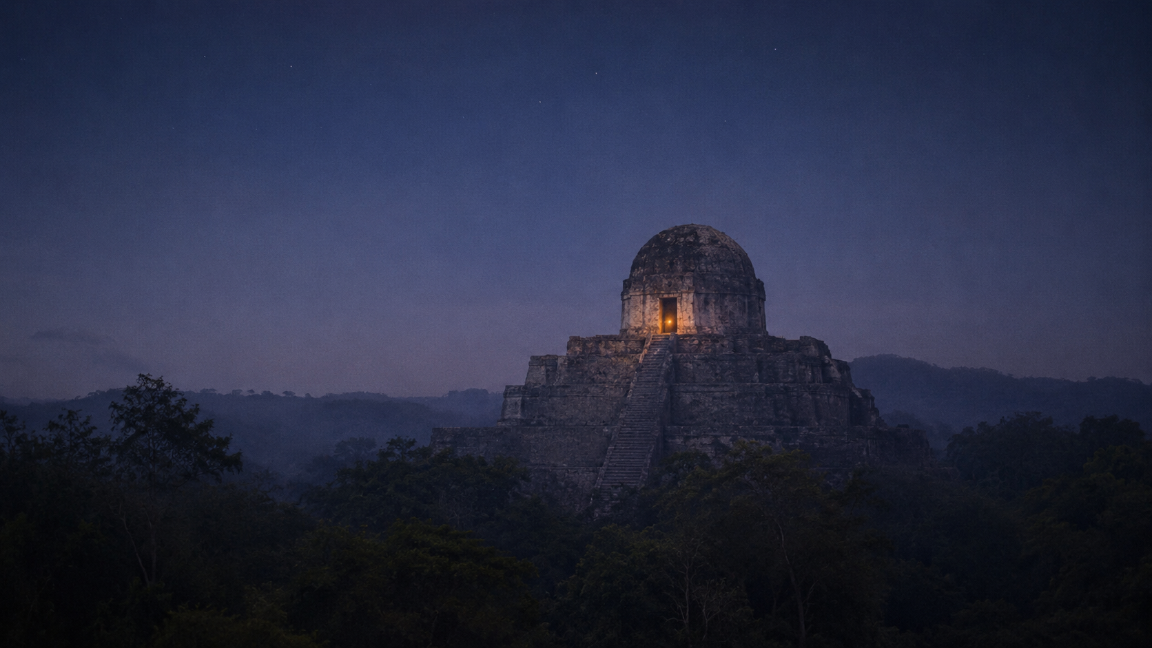 Ancient stone pyramid temple at night with a light visible through its entrance, surrounded by forest and distant mountains. This is the center of the Astral Doorway Island.