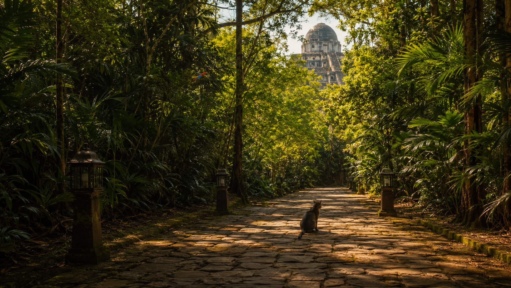 A cobblestone pathway through a lush, green jungle with a distant Mayan temple in the background and a cat sitting in the center of the path. This is the Astral Doorway Island.