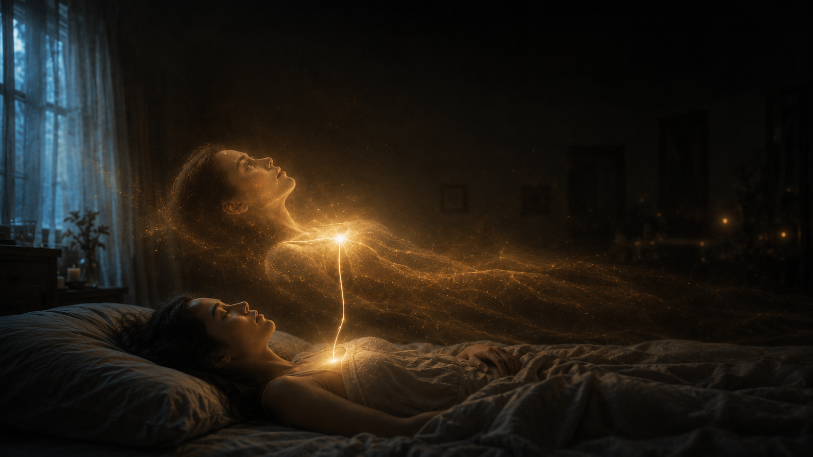 A woman sleeping in bed with an astral projection of a glowing, floating astral body above her, connected by golden light and sparkles.
