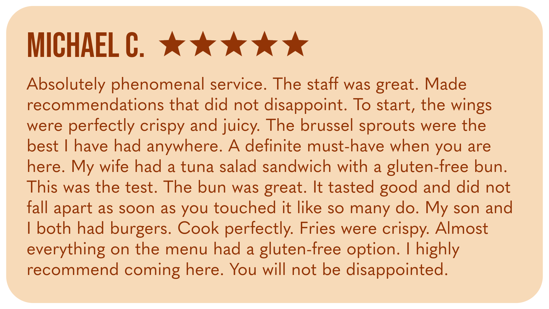 Customer review with a 5-star rating for a restaurant, expressing high praise for the food and service.