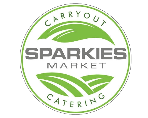 Logo for Sparkies Market featuring green curved lines and text indicating carryout, catering, and market services.