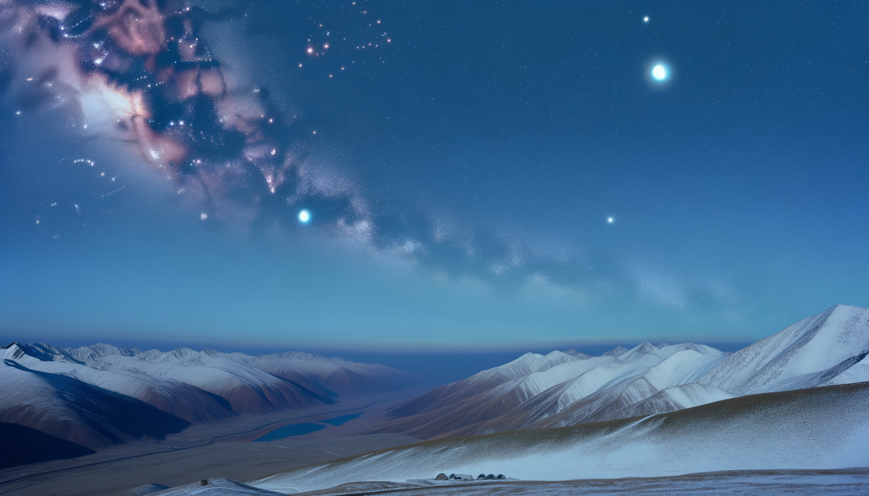 Night sky over snow-covered mountains with visible stars and a prominent galaxy, with some clouds near the horizon.