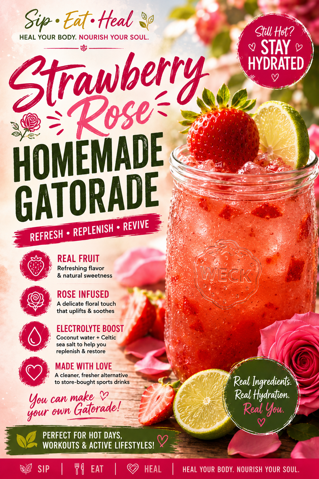 🍓 Strawberry Rose Homemade Gatorade: A Refreshing Summer Sip