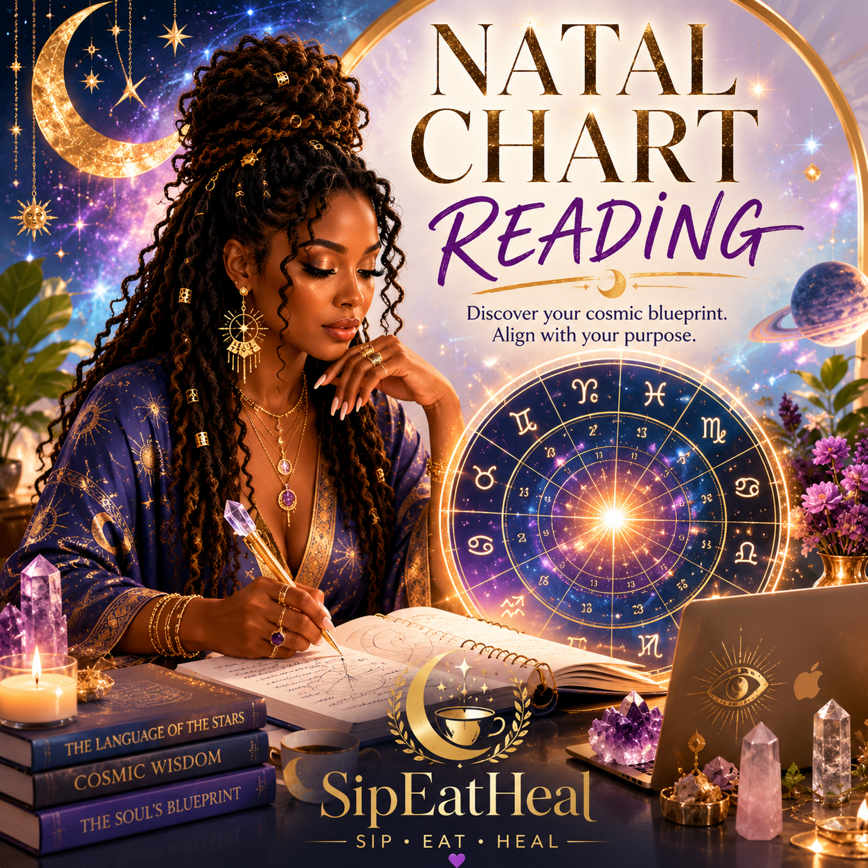 A woman with braided hair and jewelry writes in a notebook surrounded by crystals, candles, and astrology books, with a cosmic background, zodiac wheel, and celestial elements. The image promotes a Natal Chart Reading event by SipEatHeal, with themes of discovering your cosmic blueprint and aligning with your purpose.