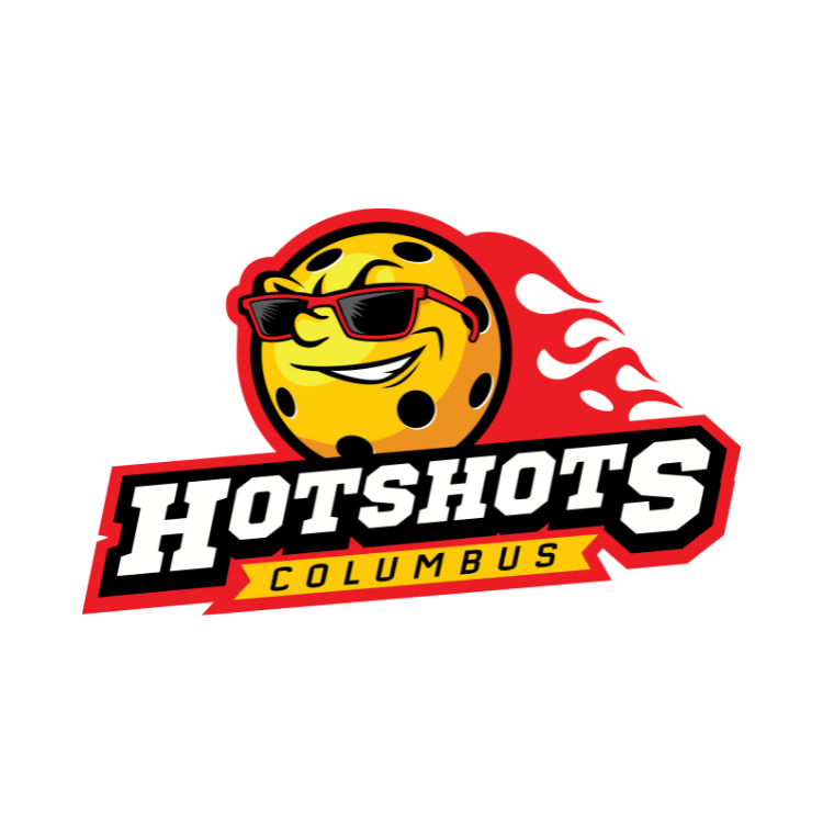 Logo for Hotshots Columbus featuring a smiling cartoon pickleball wearing sunglasses with flames behind it, and bold text 'HOTSHOTS COLUMBUS'.