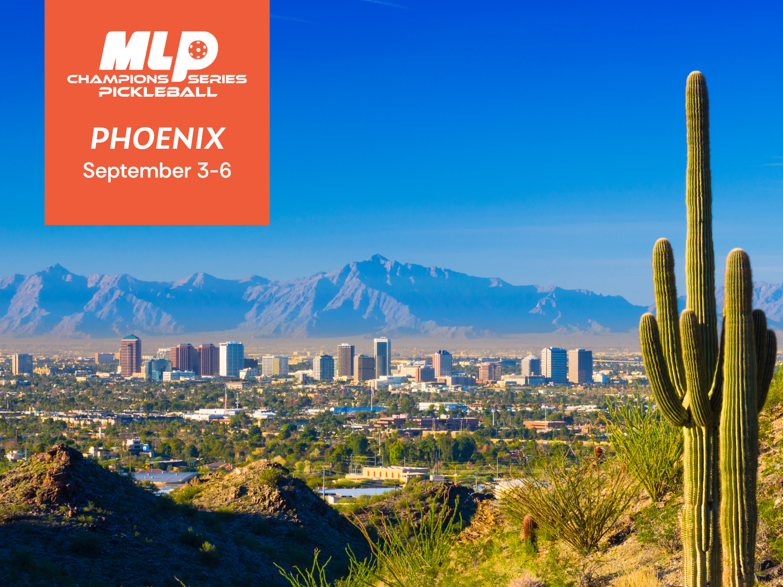 A city skyline in Phoenix with tall buildings, mountain range in the background, and a large saguaro cactus in the foreground under a clear blue sky.