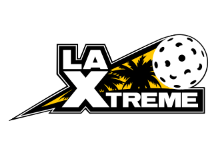 Logo for LA Xtreme featuring stylized text, a yellow and black silhouette of palm trees, and a white moon or planet with black spots.
