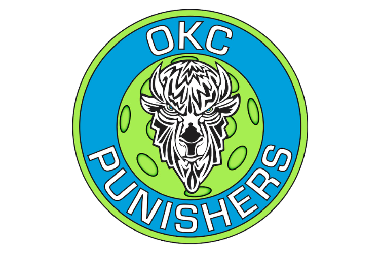 Logo of OKC Punishers featuring a fierce bison head in the center, surrounded by a blue ring with green accents and the team name.
