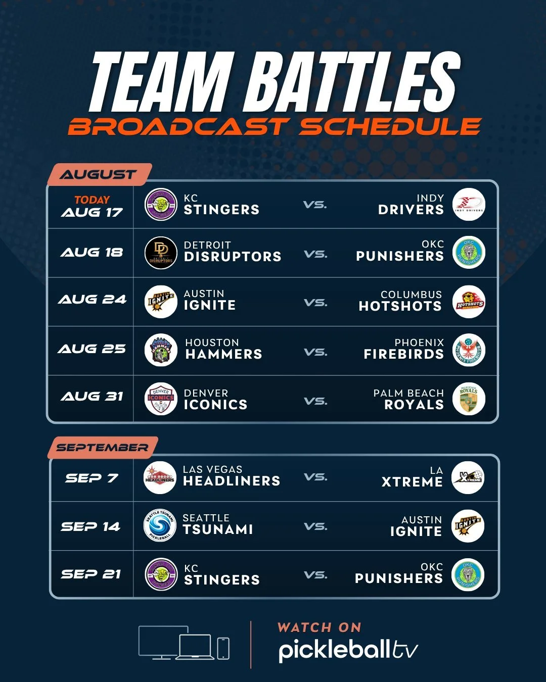 The MLP Champions Series is back on PickleballTV! 

Eight more Team Battles are coming your way throughout August and September.
It starts TODAY at 4:30PM EST/1:30PM PST with the KC Stingers vs. Indy Drivers. 🔥

Mark your calendars and tune in to fo